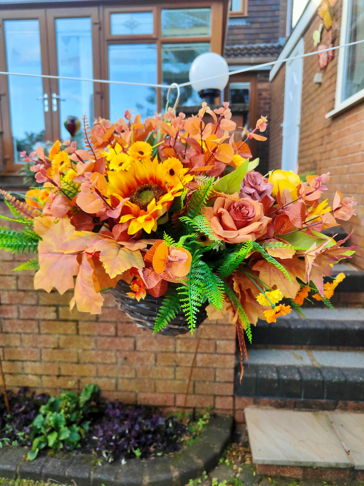 Pumpkin Spice Autumn Artificial Flower Hanging Basket 10 inch