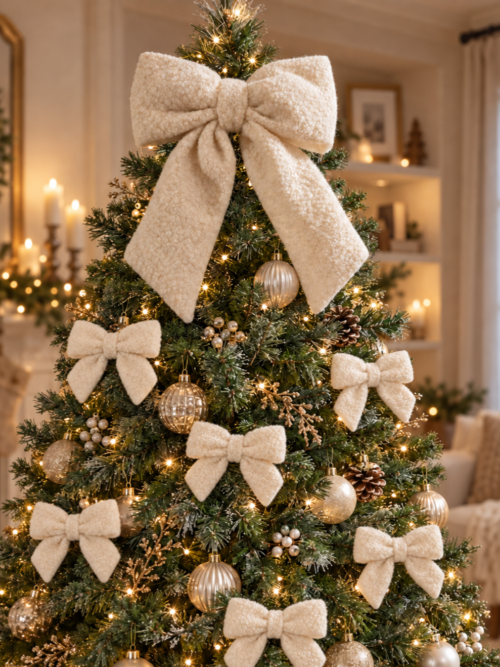 Ivory White Bouclé Christmas Tree Bows – 5.5 Inch