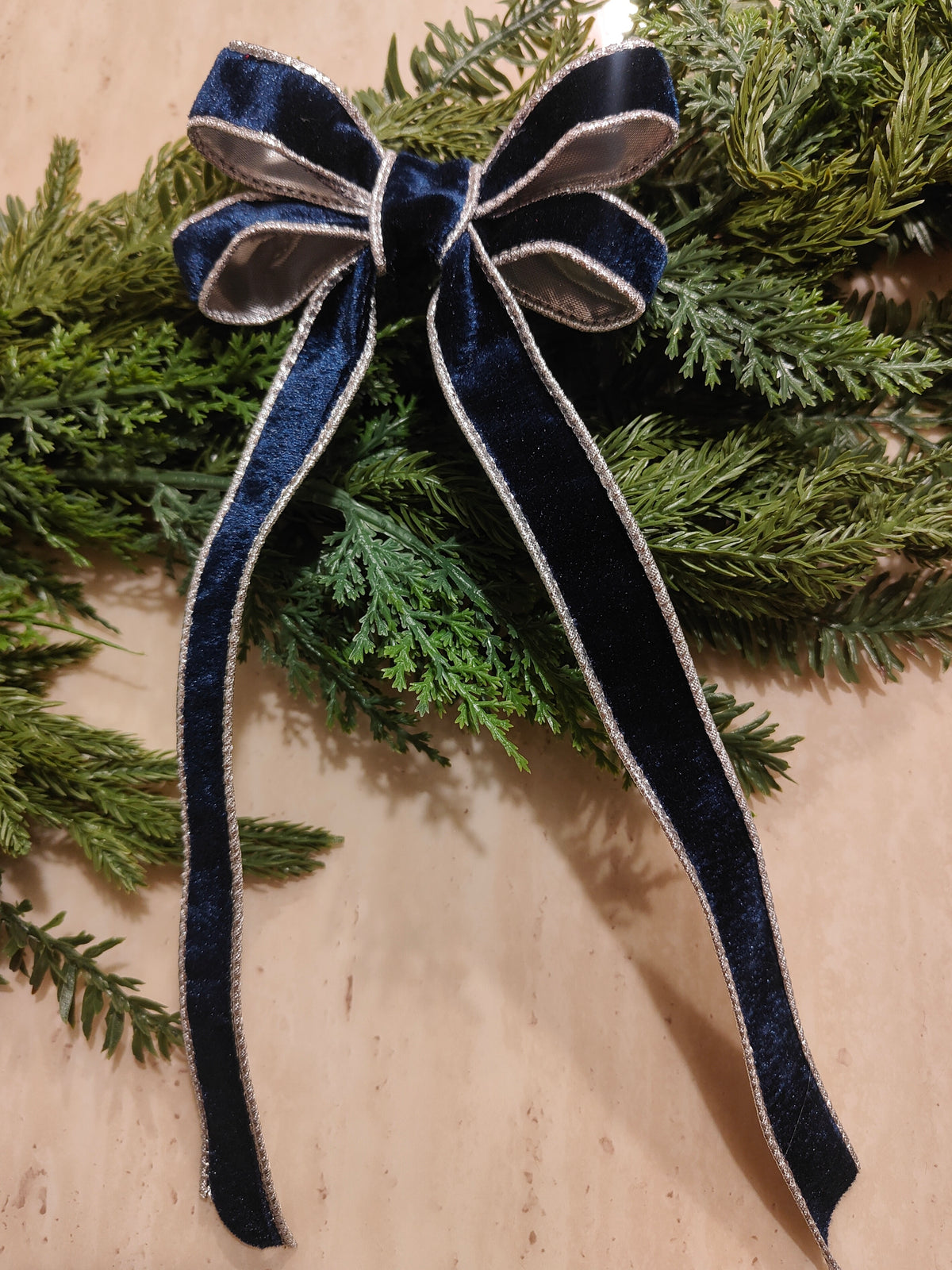 Blue Velvet Christmas Tree Bow with Silver Trim – 4 Inch