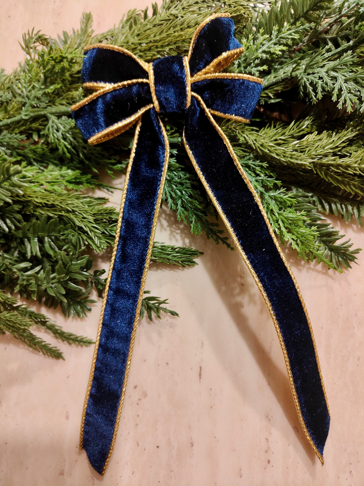 Blue Velvet Christmas Tree Bow with Gold Trim – 4 Inch