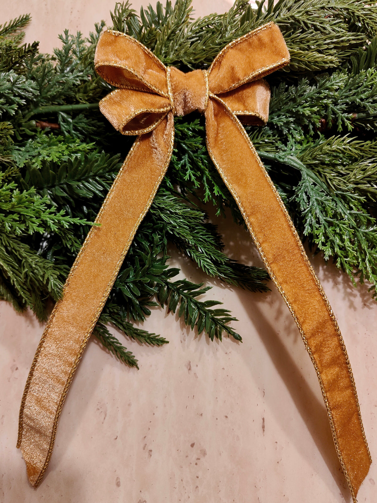 Gold Velvet Christmas Tree Bow with Gold Trim – 4 Inch