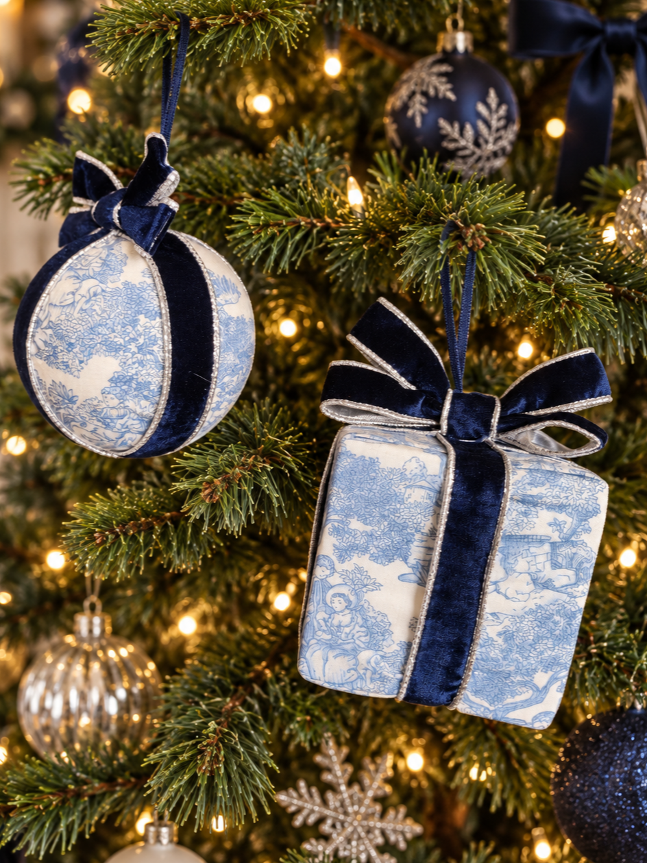 Blue Toile de Jouy Handmade Christmas Tree Bauble Decorations Round