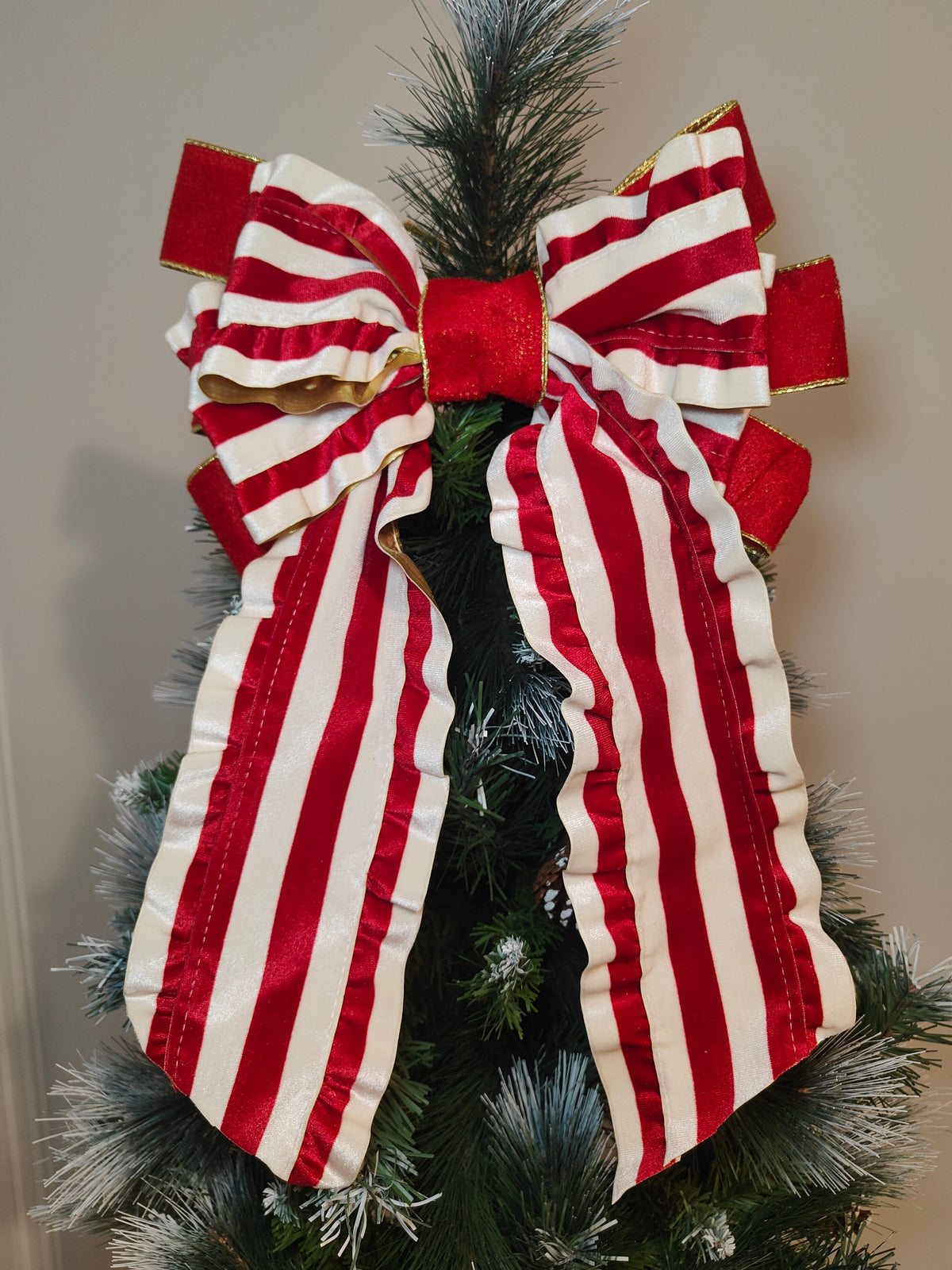 Red & Ivory Christmas Tree Topper Bow, Handmade Candy Cane Stripe Bow