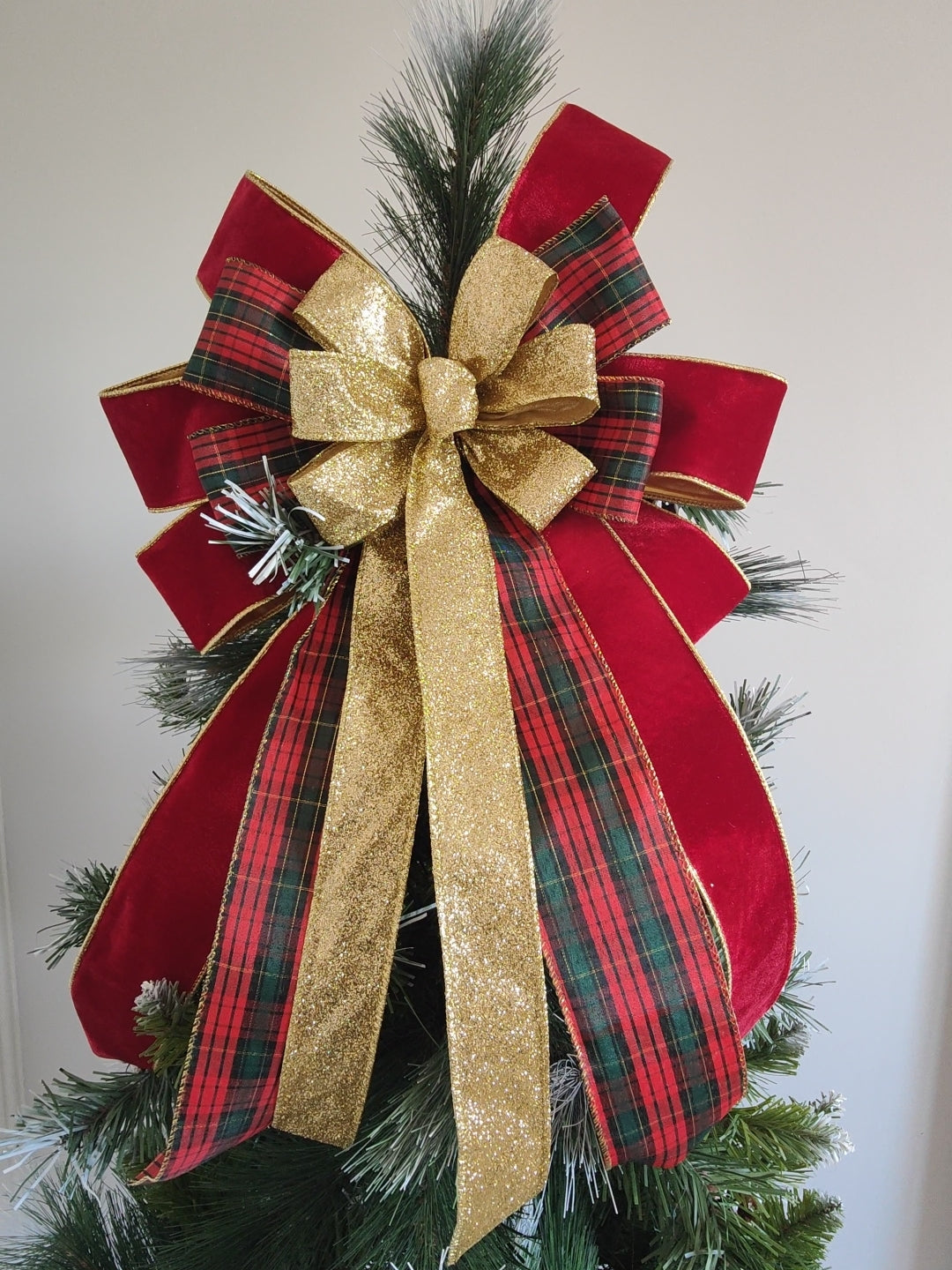 Red Green Velvet, Tartan & Gold Christmas Tree Topper Bow