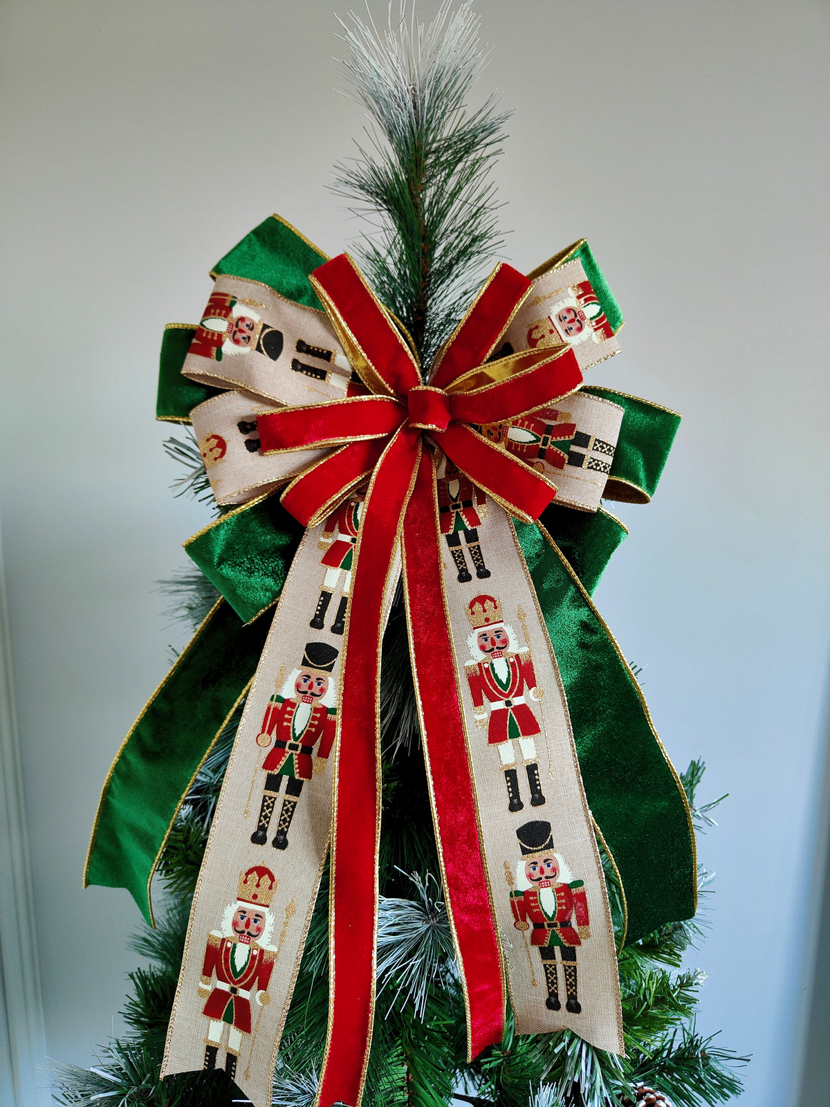 Red Green Nutcracker Christmas Tree Topper Bow 14 inch