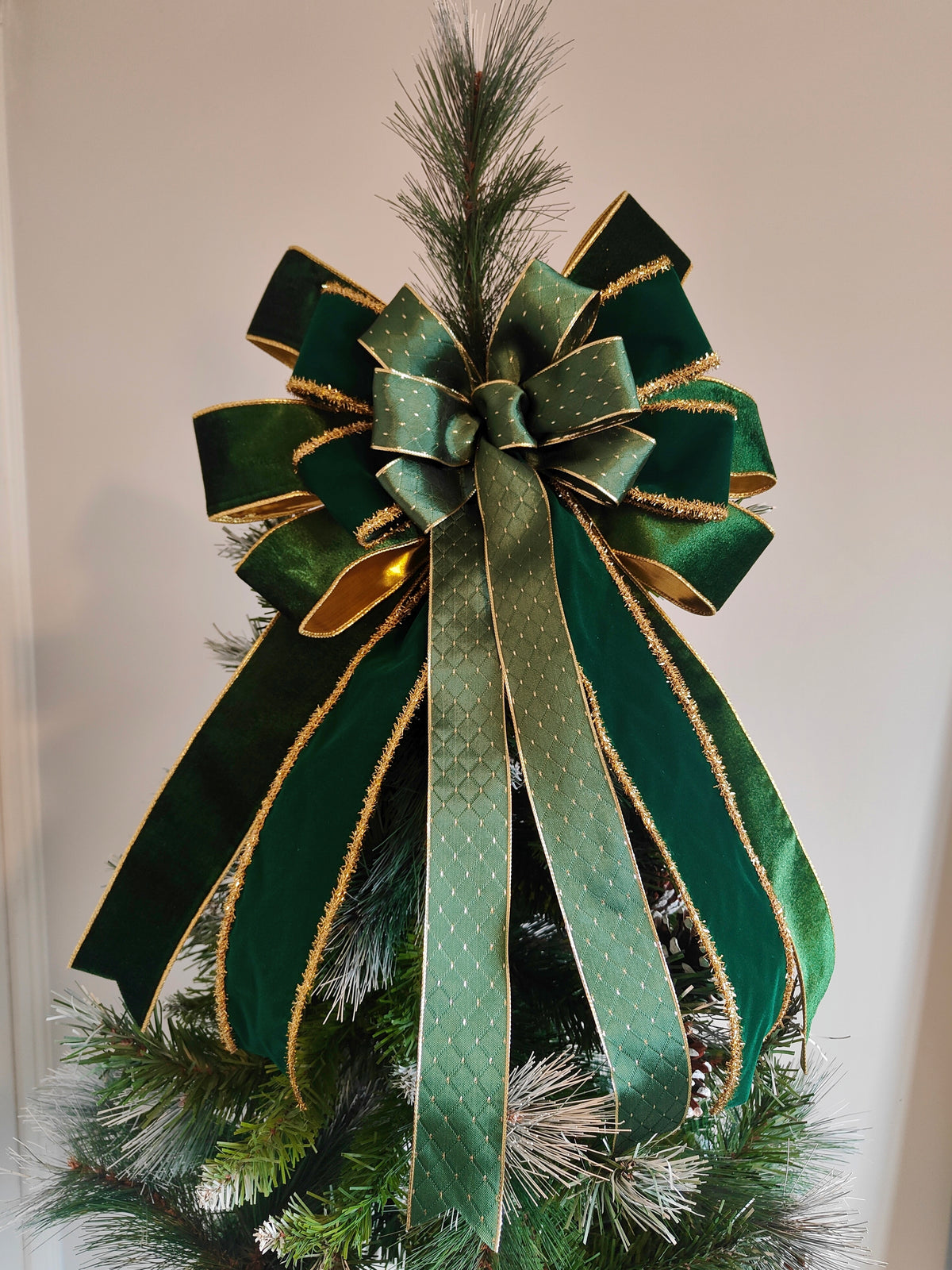 Green Gold Velvet Christmas Tree Topper Bow 14 inch