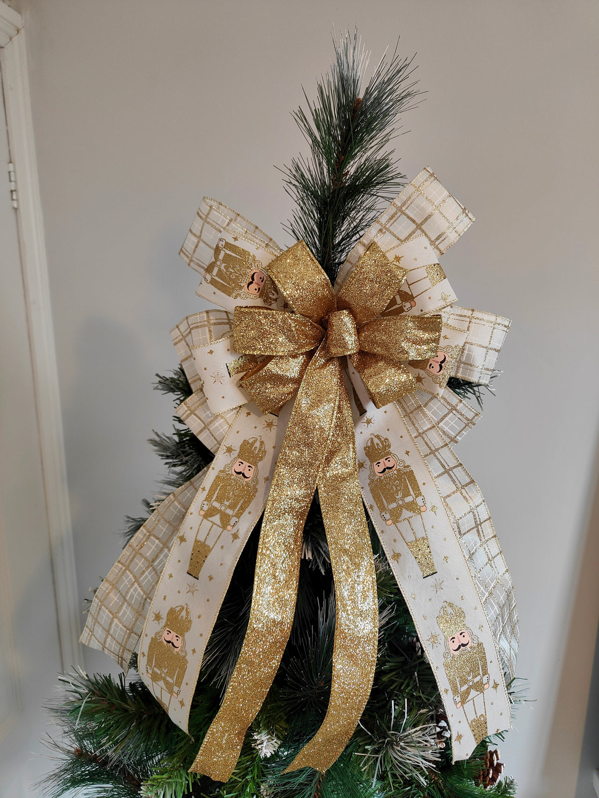 Gold & Ivory Nutcracker Christmas Tree Topper Bow