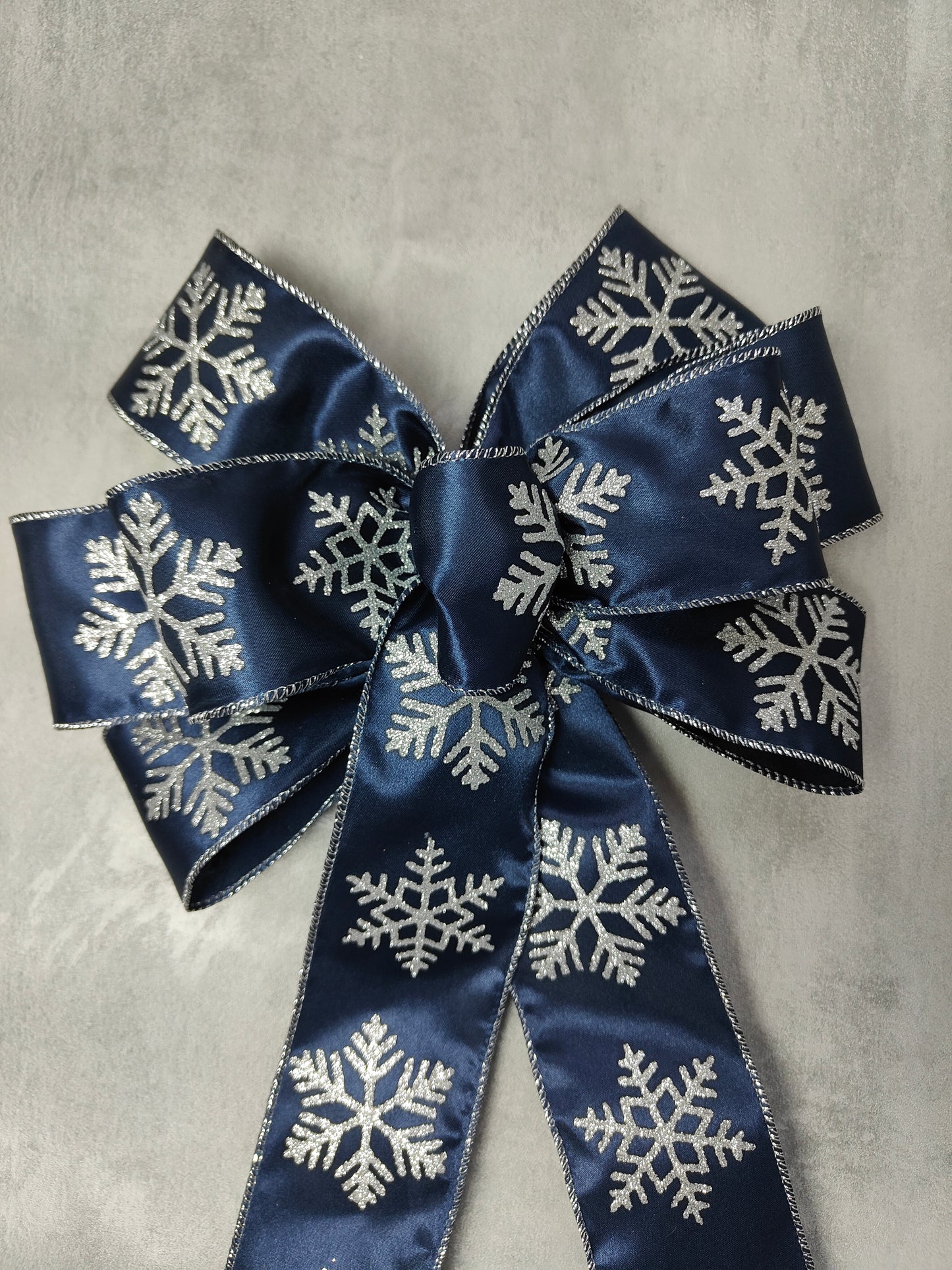 Navy Blue Silver Snowflake Christmas Bow 10 inch