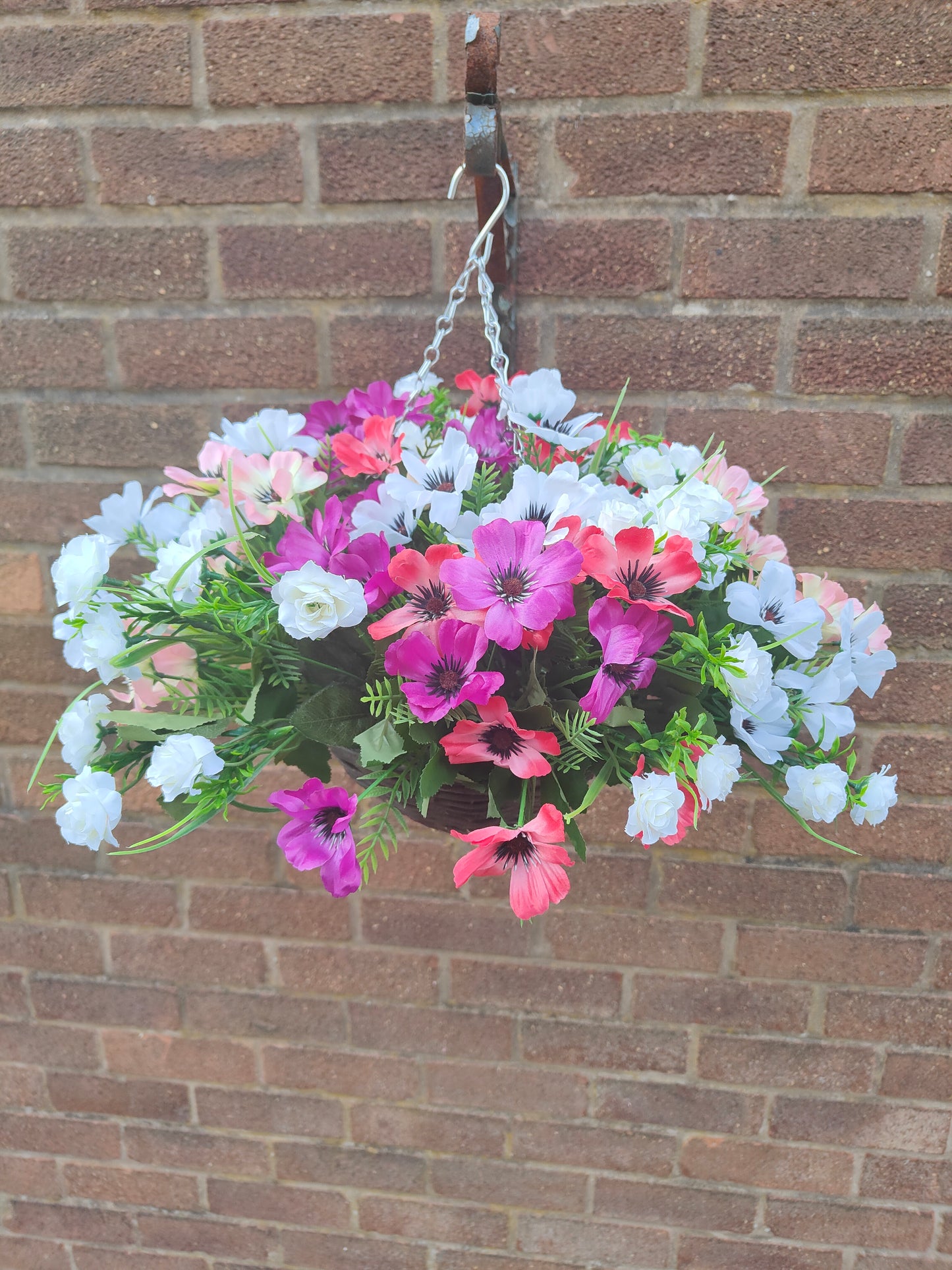 Poppy roses artificial flower hanging basket white pink purple coral garden patio 10 inch