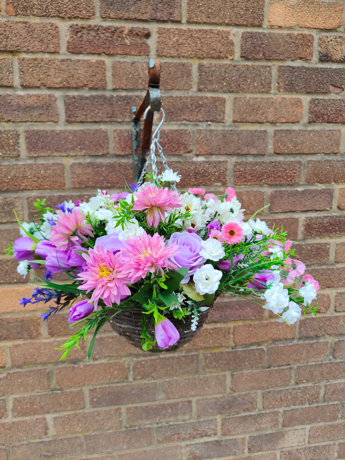 Pastel artificial flower hanging basket pink purple white