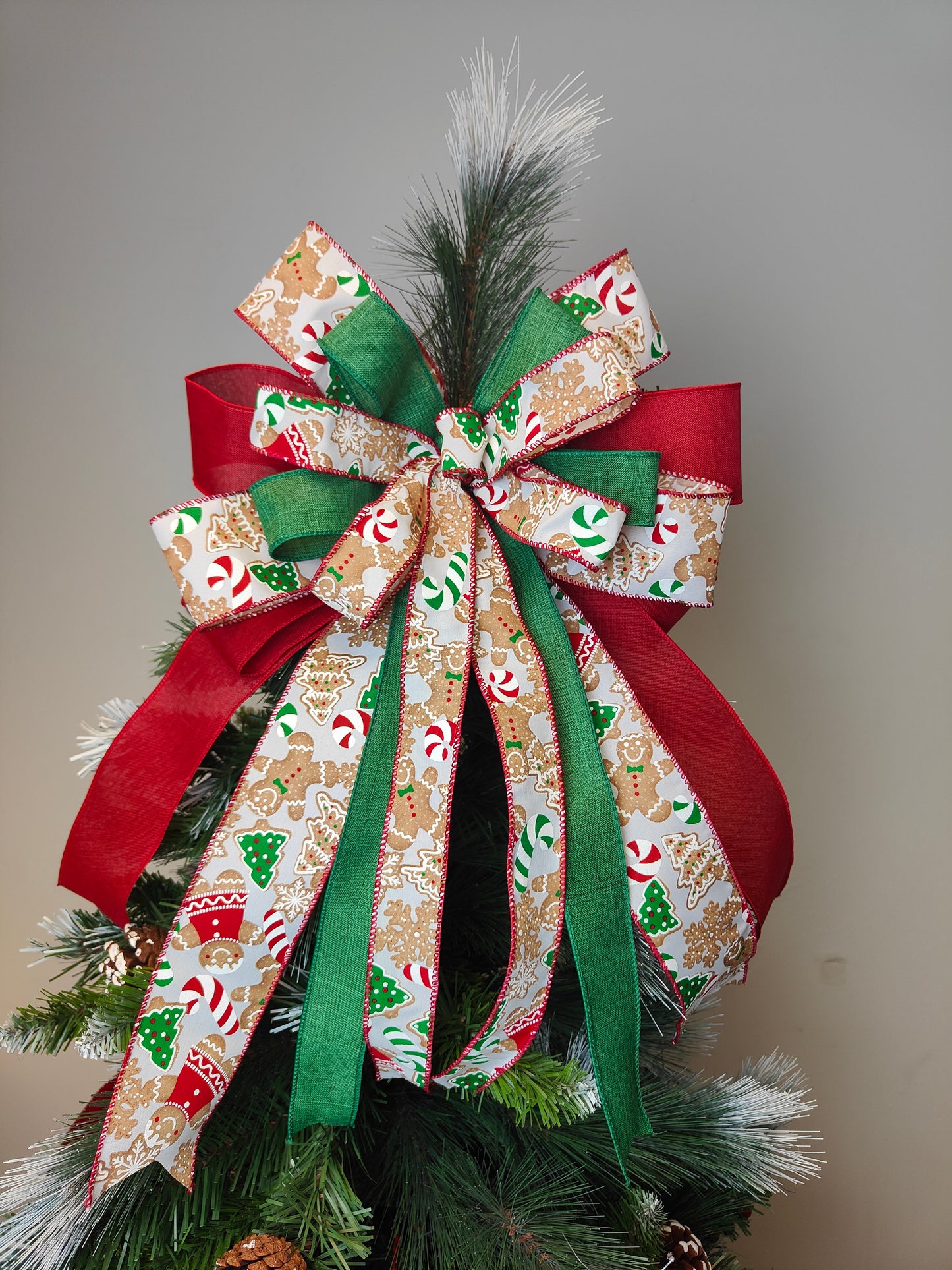 Red Green Gingerbread Man Bow Christmas Topper 14 inch