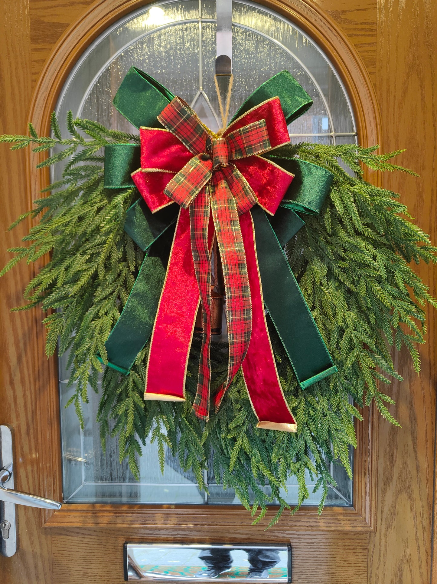 Red Green Tartan Velvet Christmas Tree Topper Bow 14 inch