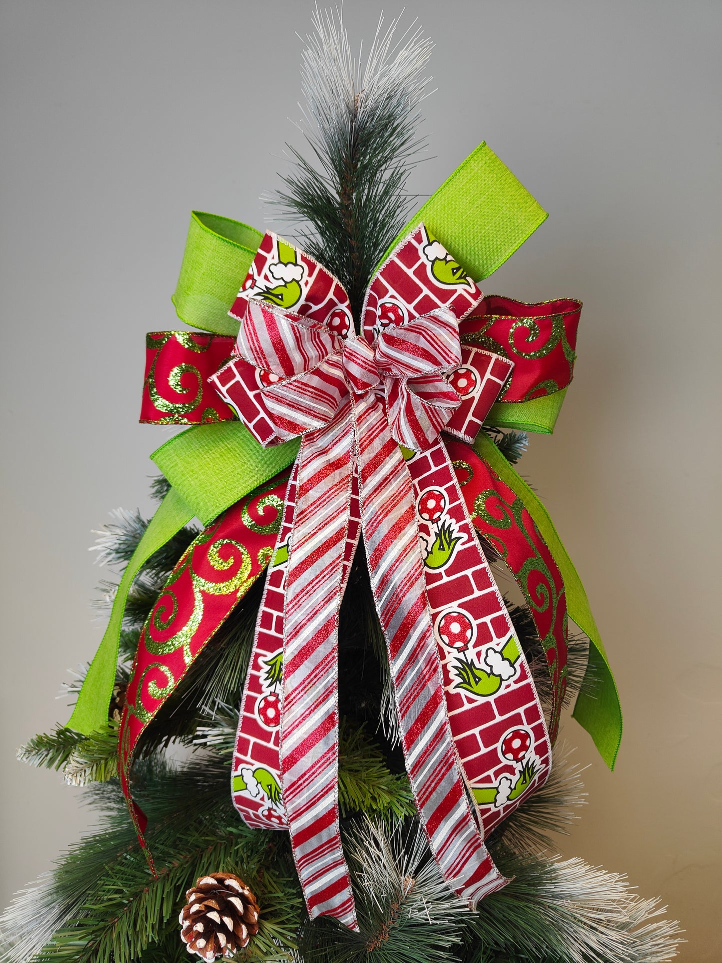 Glitter Christmas Green Monster Tree Topper Bow 14 inch