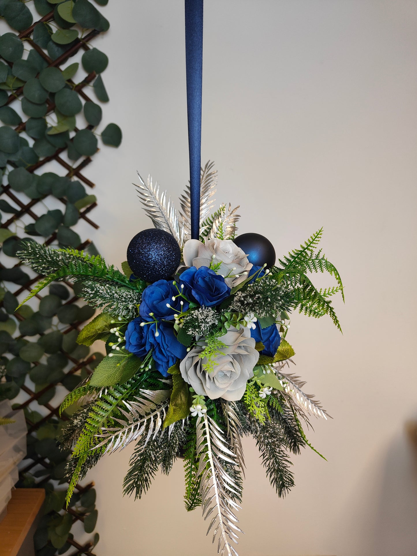 Grey Navy Blue Silver Flower Christmas Navy Bauble Artificial