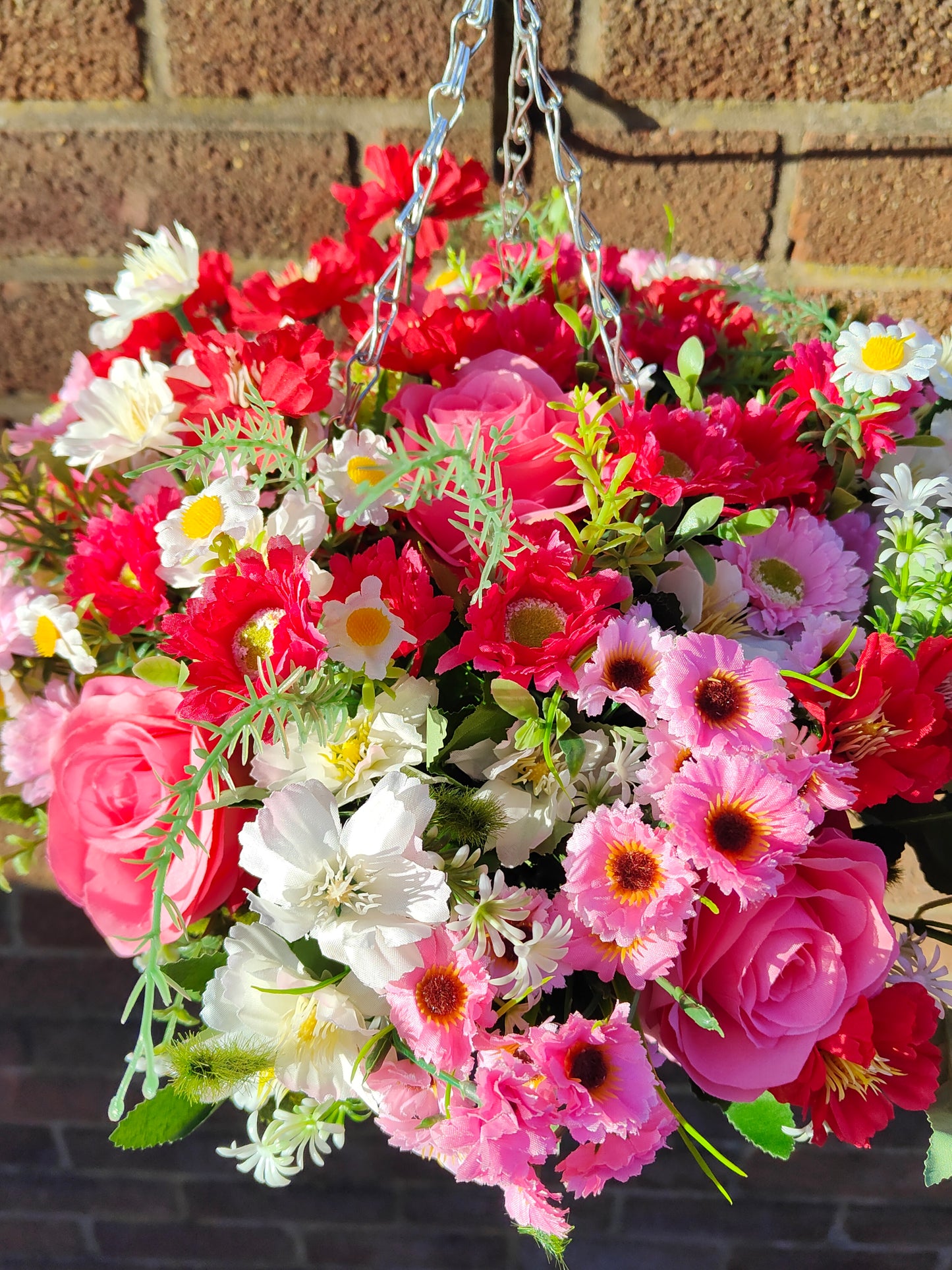 Red White Pink Artificial Flower Hanging Basket 10 inch