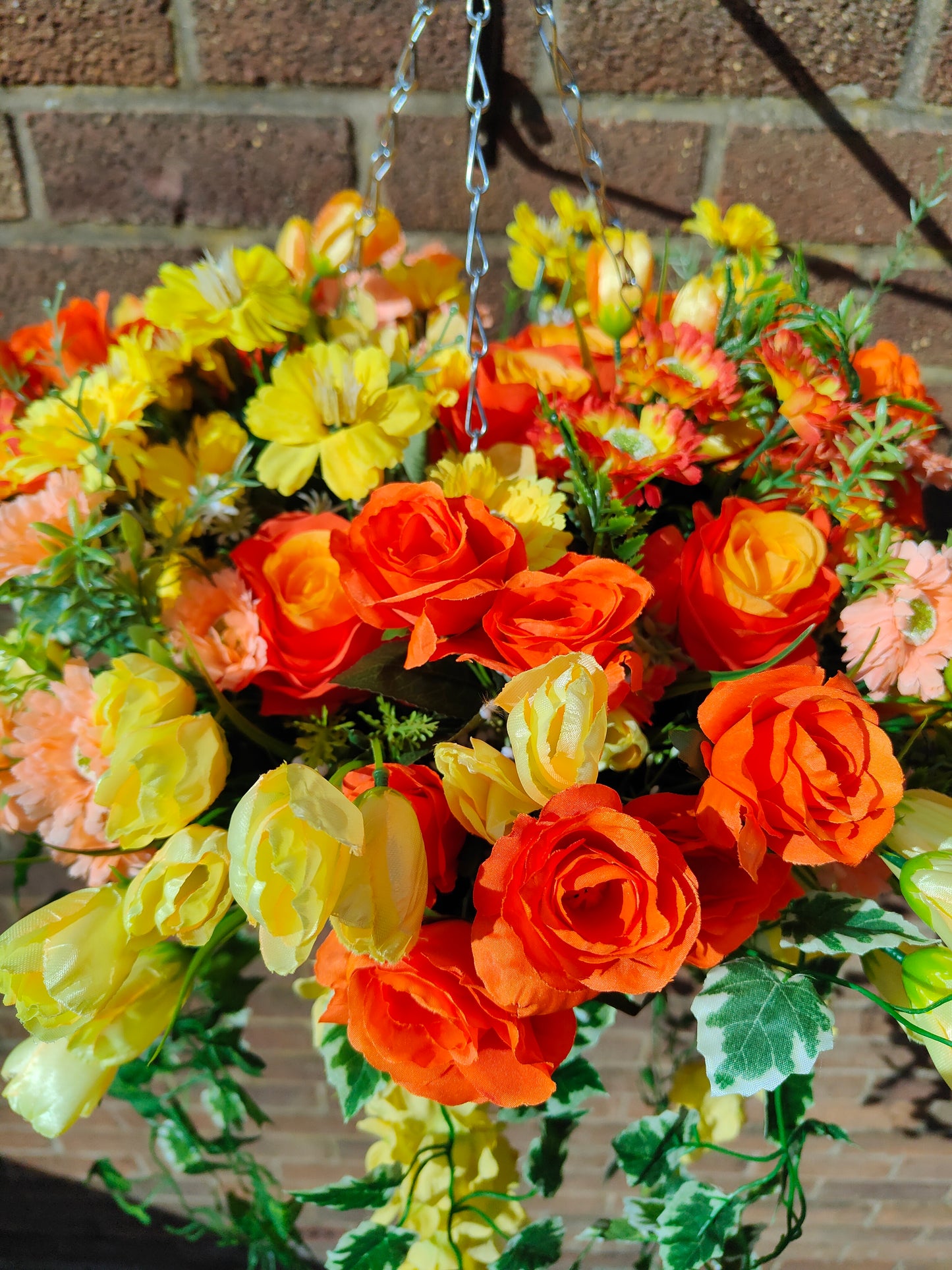 Deluxe Orange Yellow Artificial Flower Hanging Basket 12 inch