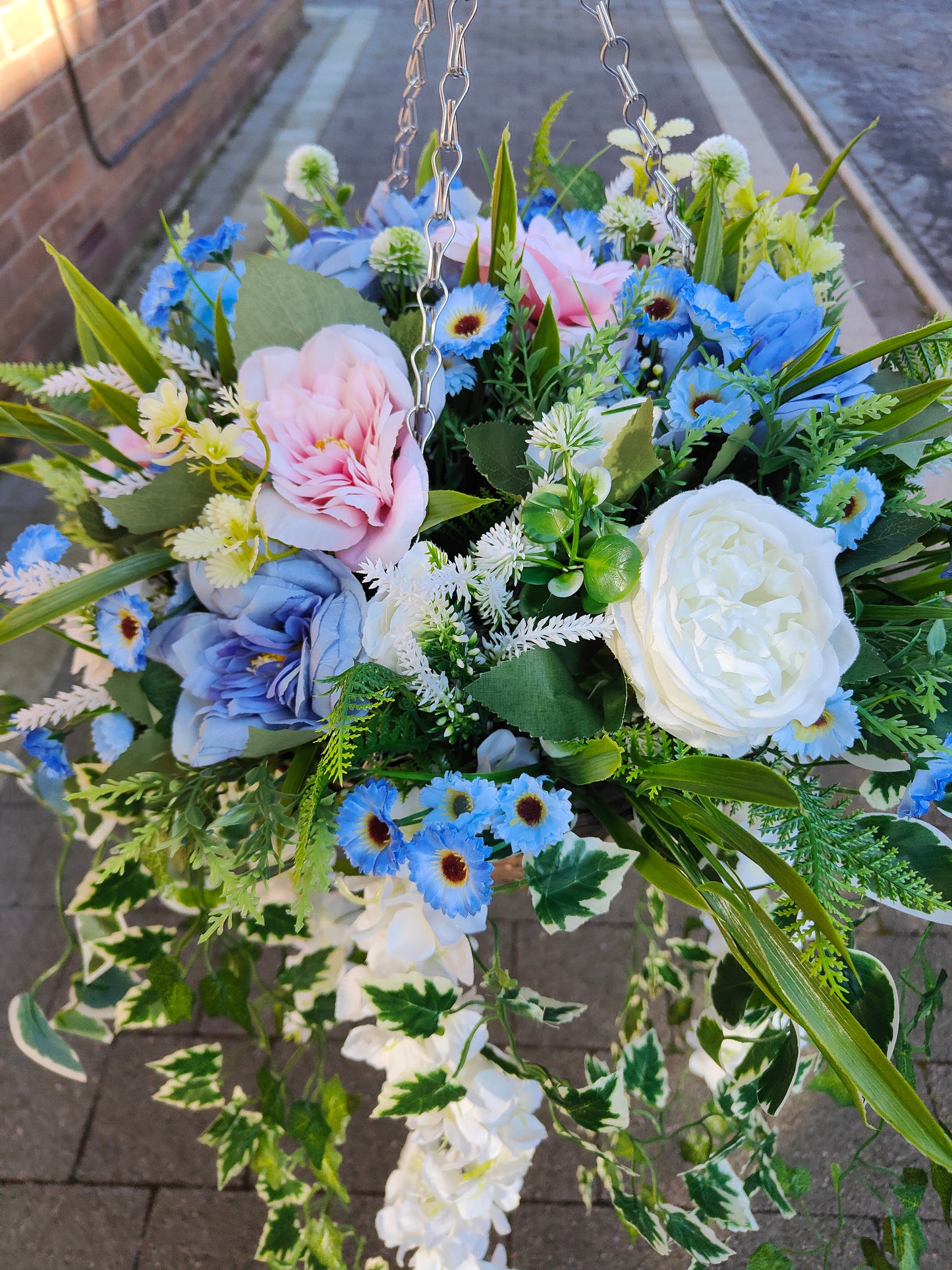 Pastel Blue Pink White Artificial Flower Hanging Basket 12 inch Round