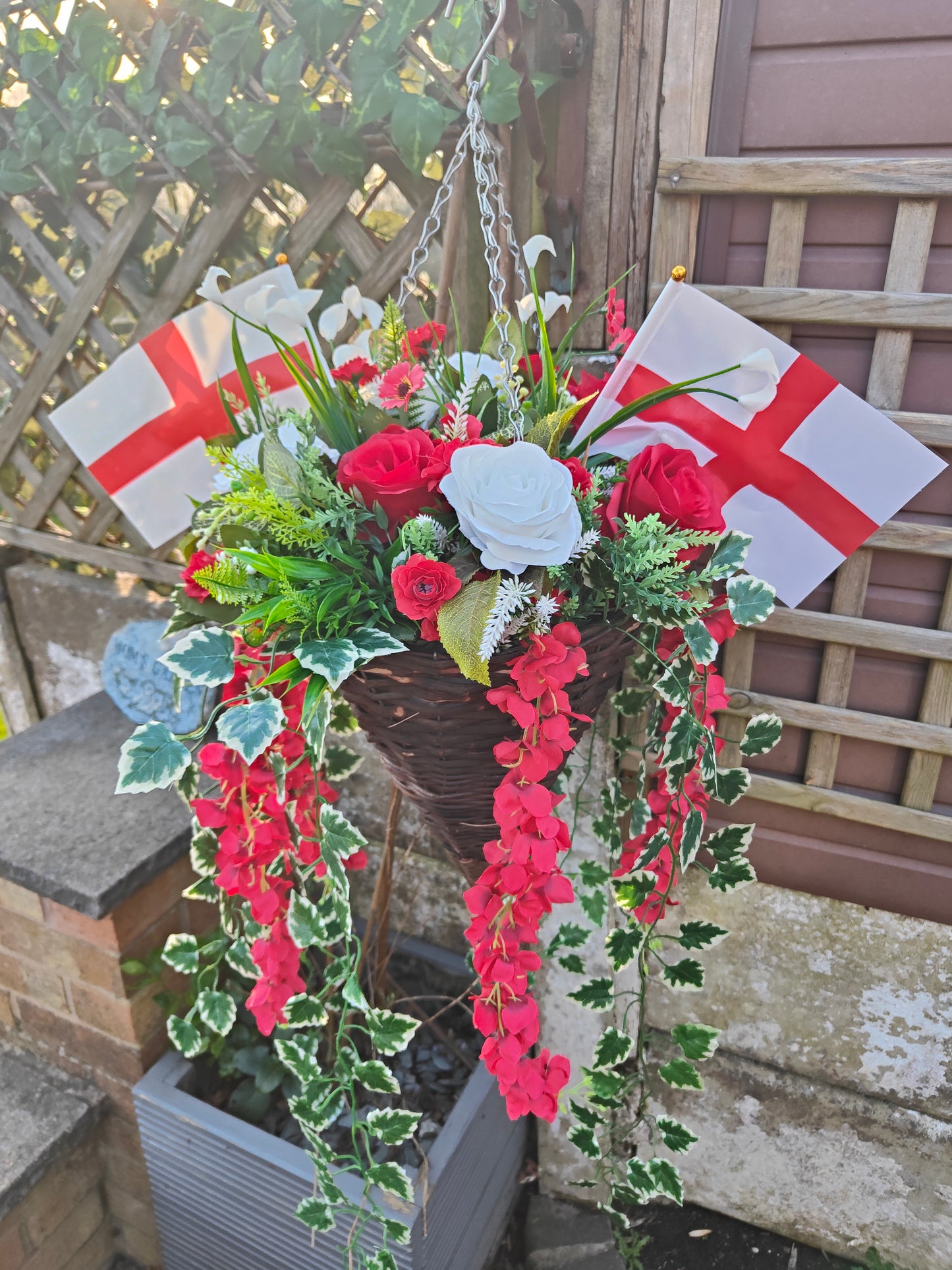 World Cup Red & White St George Flag Artificial Flower Hanging Basket 12 inch Cone