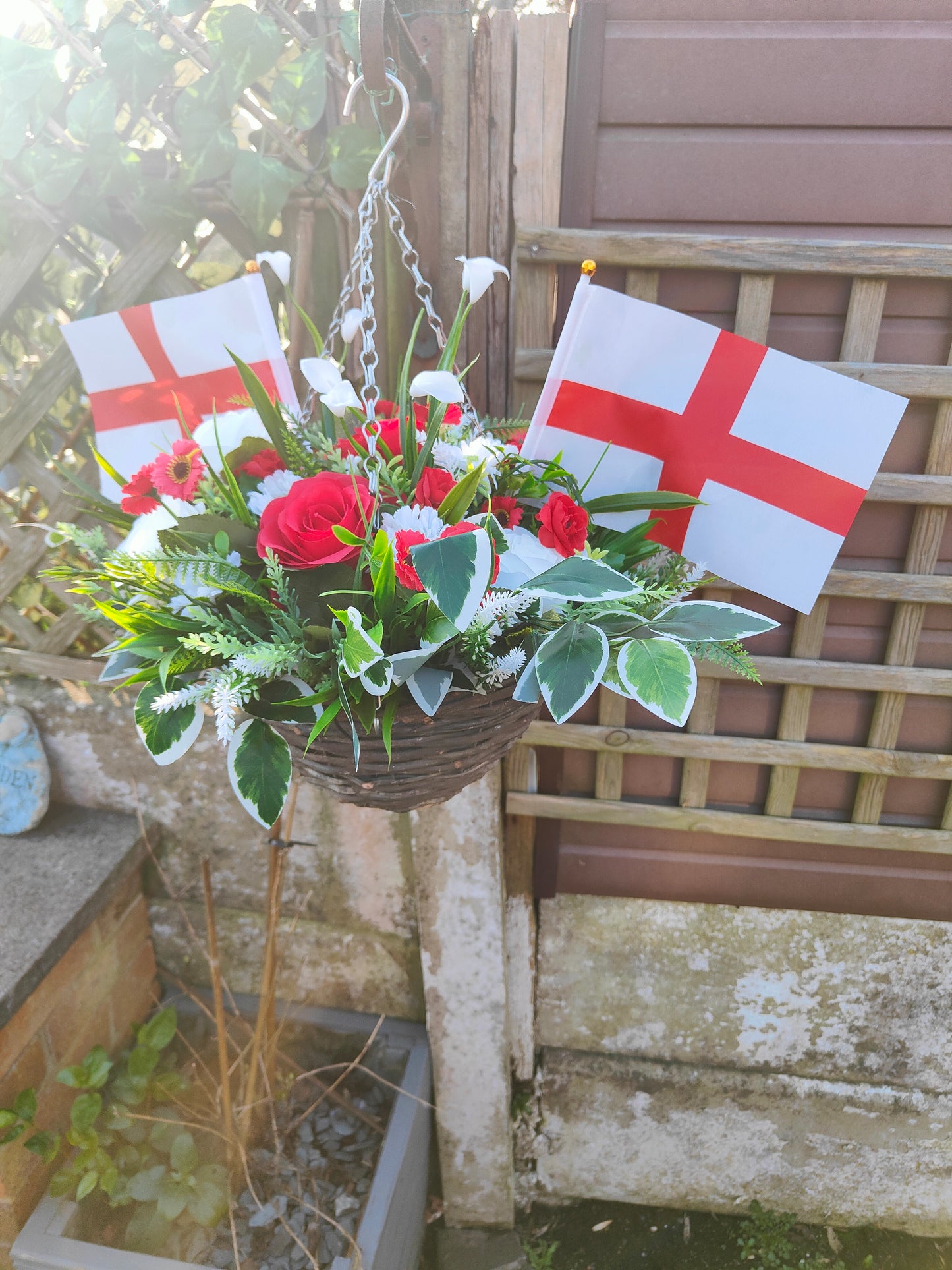 World Cup Red & White St George Flag Artificial Flower Hanging Basket 10 inch