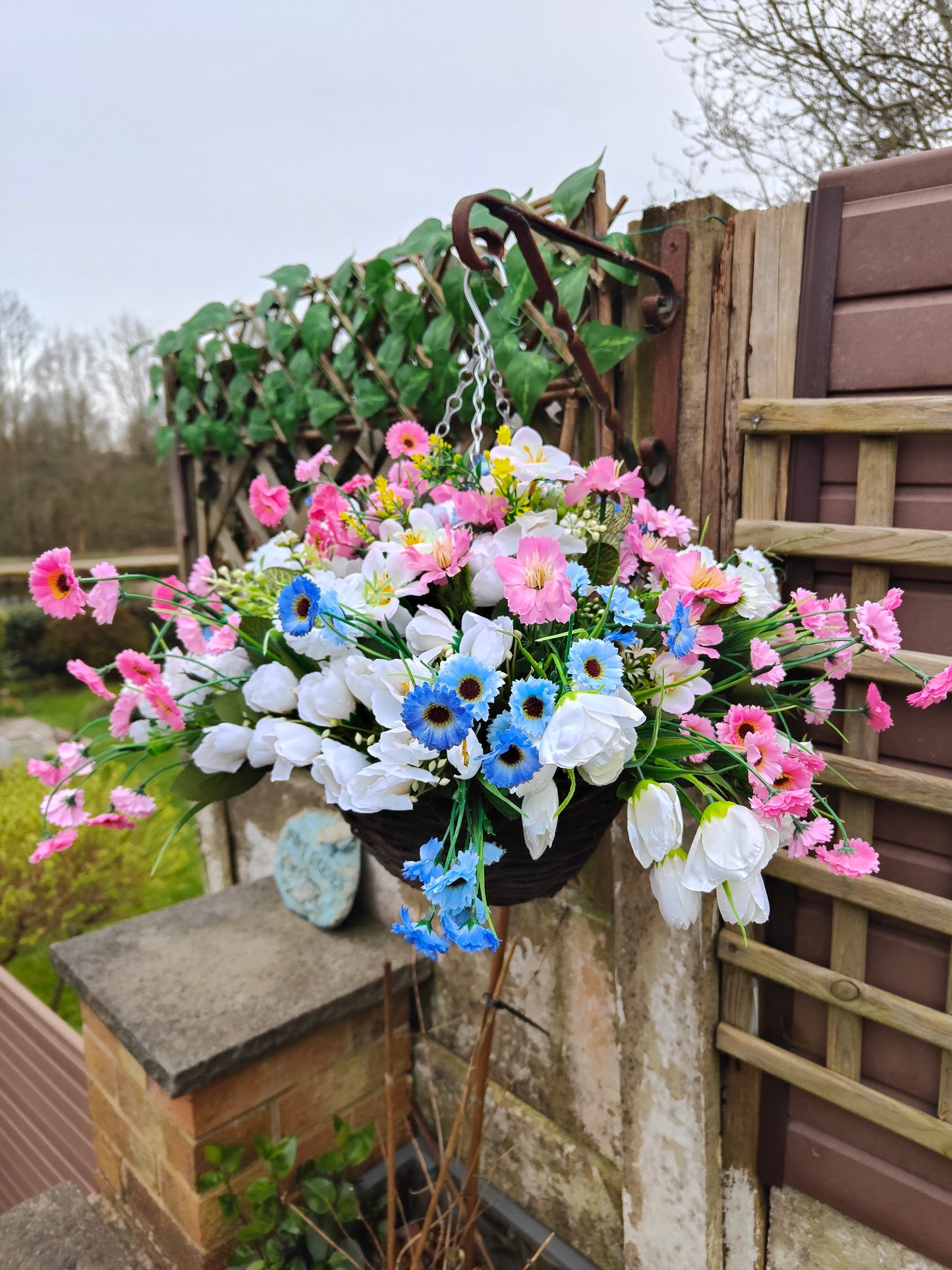 Pastel Pink Blue Artificial Flower Hanging Basket 10 inch