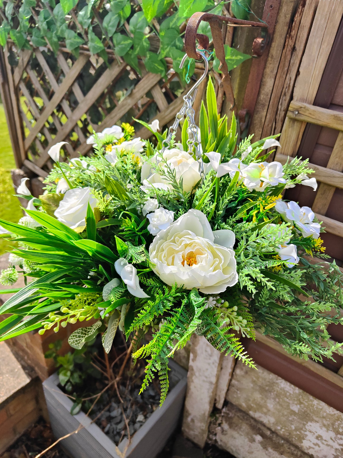 Neutral White Cream Artificial Flower Hanging Basket 10 inch