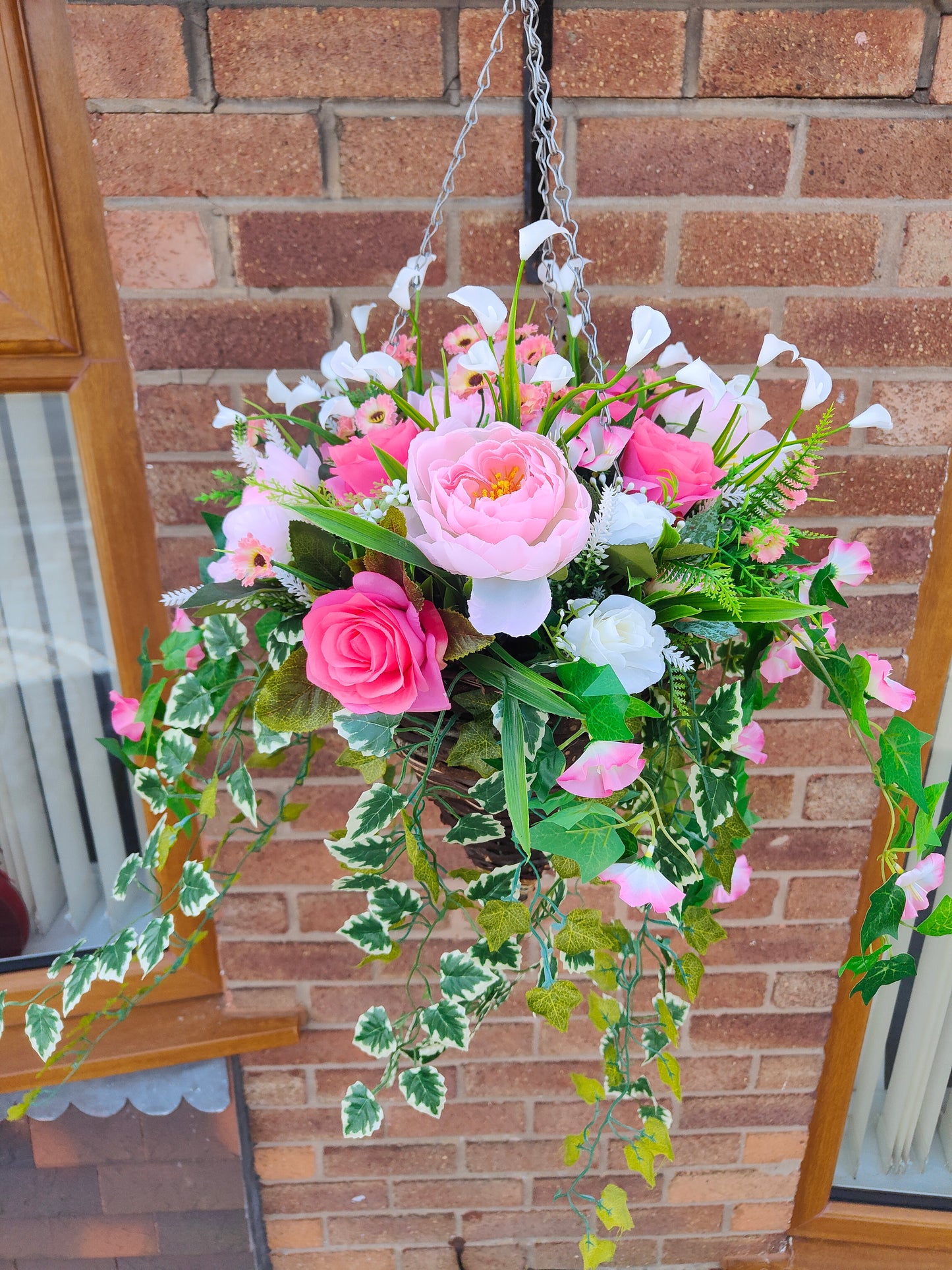 Pink White Artificial Flower Hanging Basket 12 inch