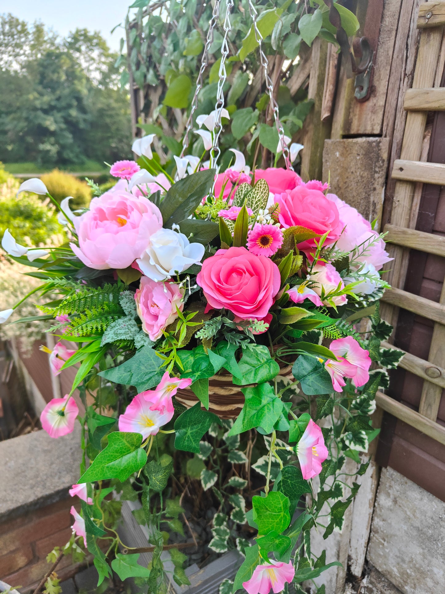 Pink White Artificial Flower Hanging Basket 12 inch Round