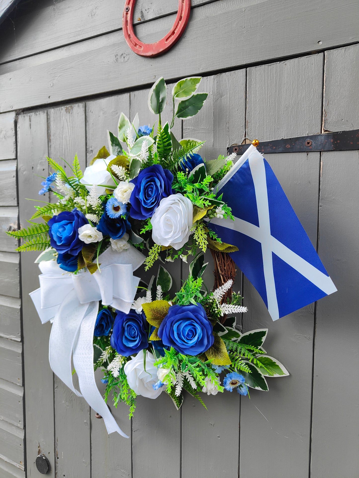 Scotland World Cup Wreath – Blue & White Rose Bow Door Wreath