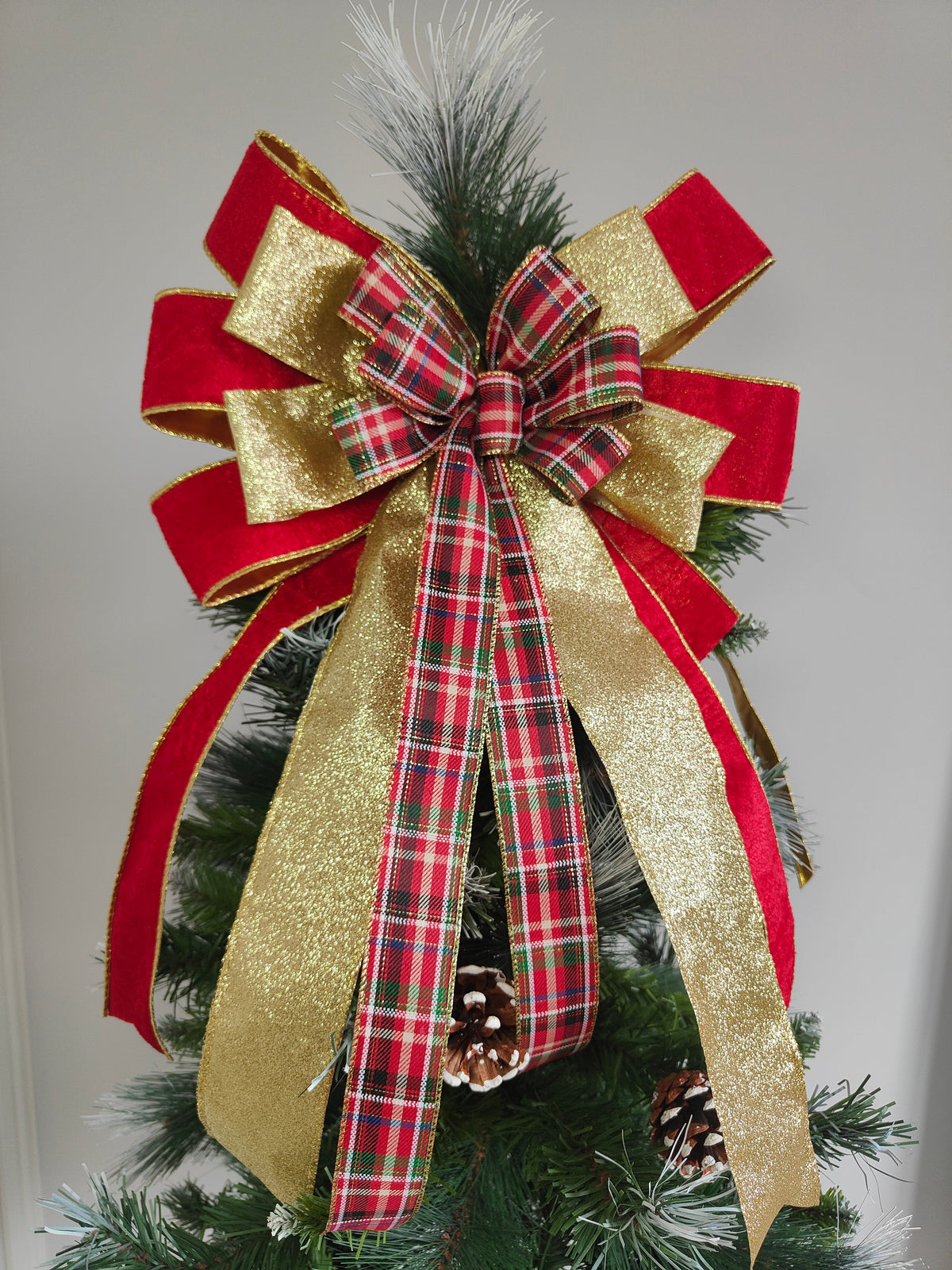 Traditional Red Gold Tartan Christmas Tree Topper Bow 14 inch