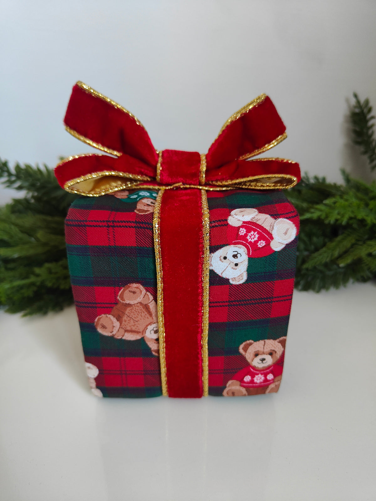 Handmade Red Green Tartan Teddy Bear Present Christmas Tree Decoration