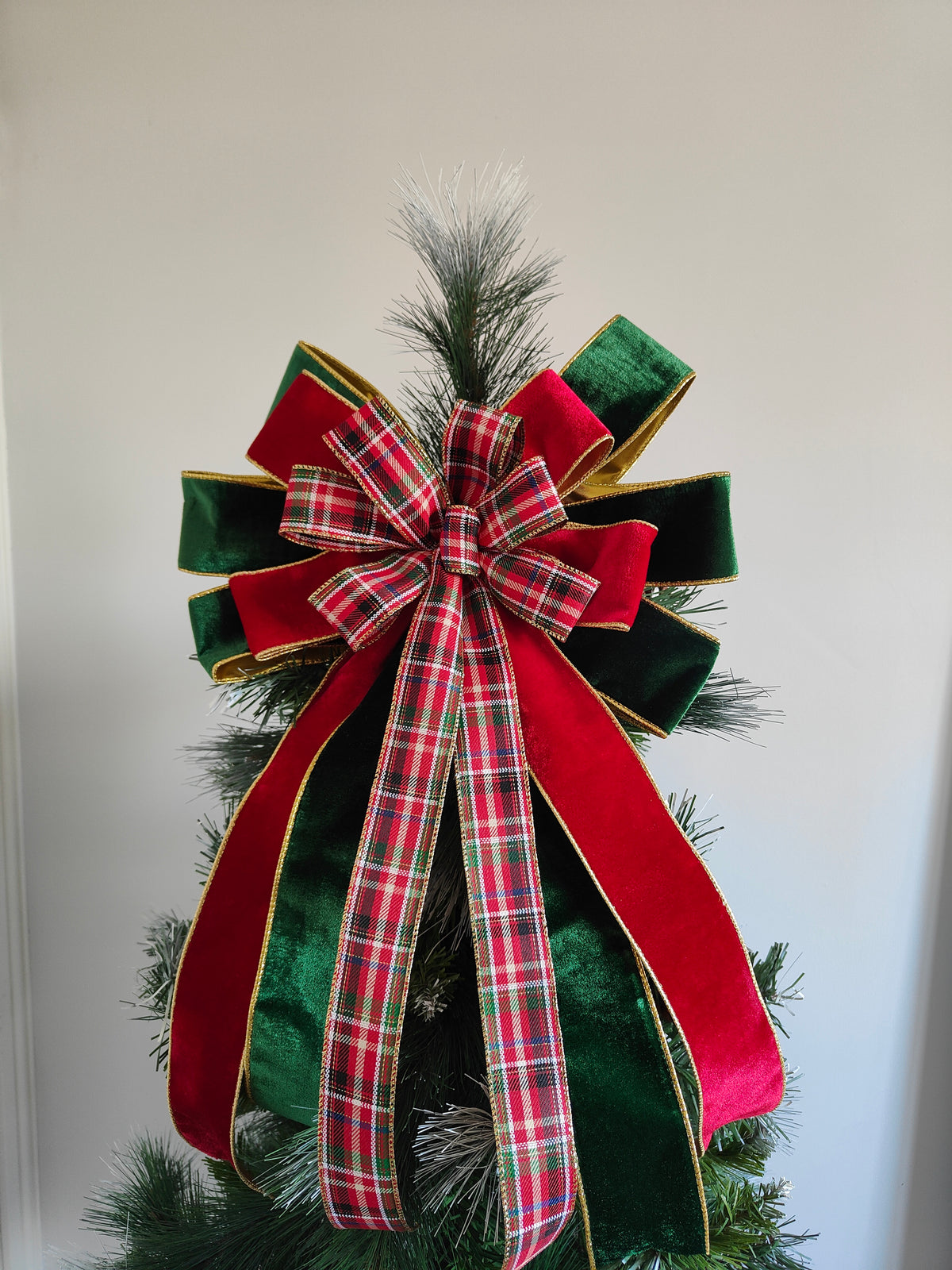 Red Green Tartan Velvet Christmas Tree Topper Bow 14 inch