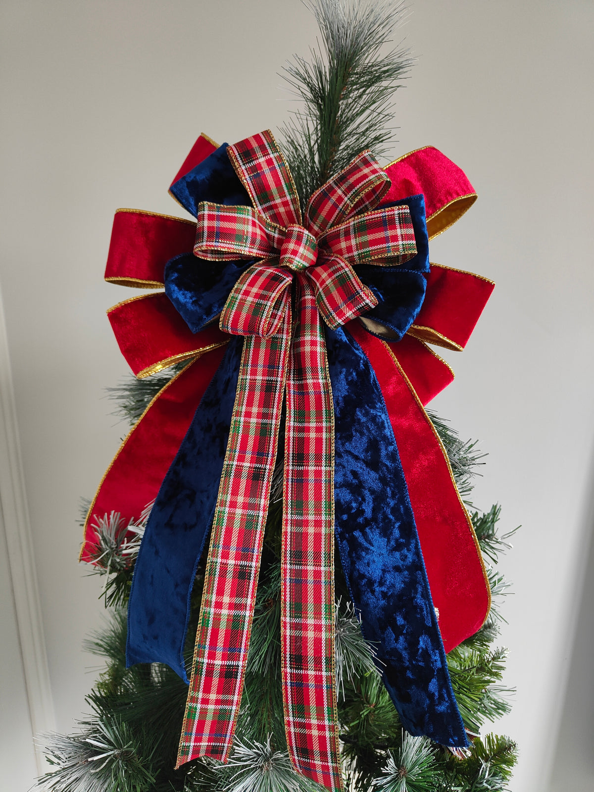 Red GreenBlue Tartan Christmas Tree Topper Bow 14 inch