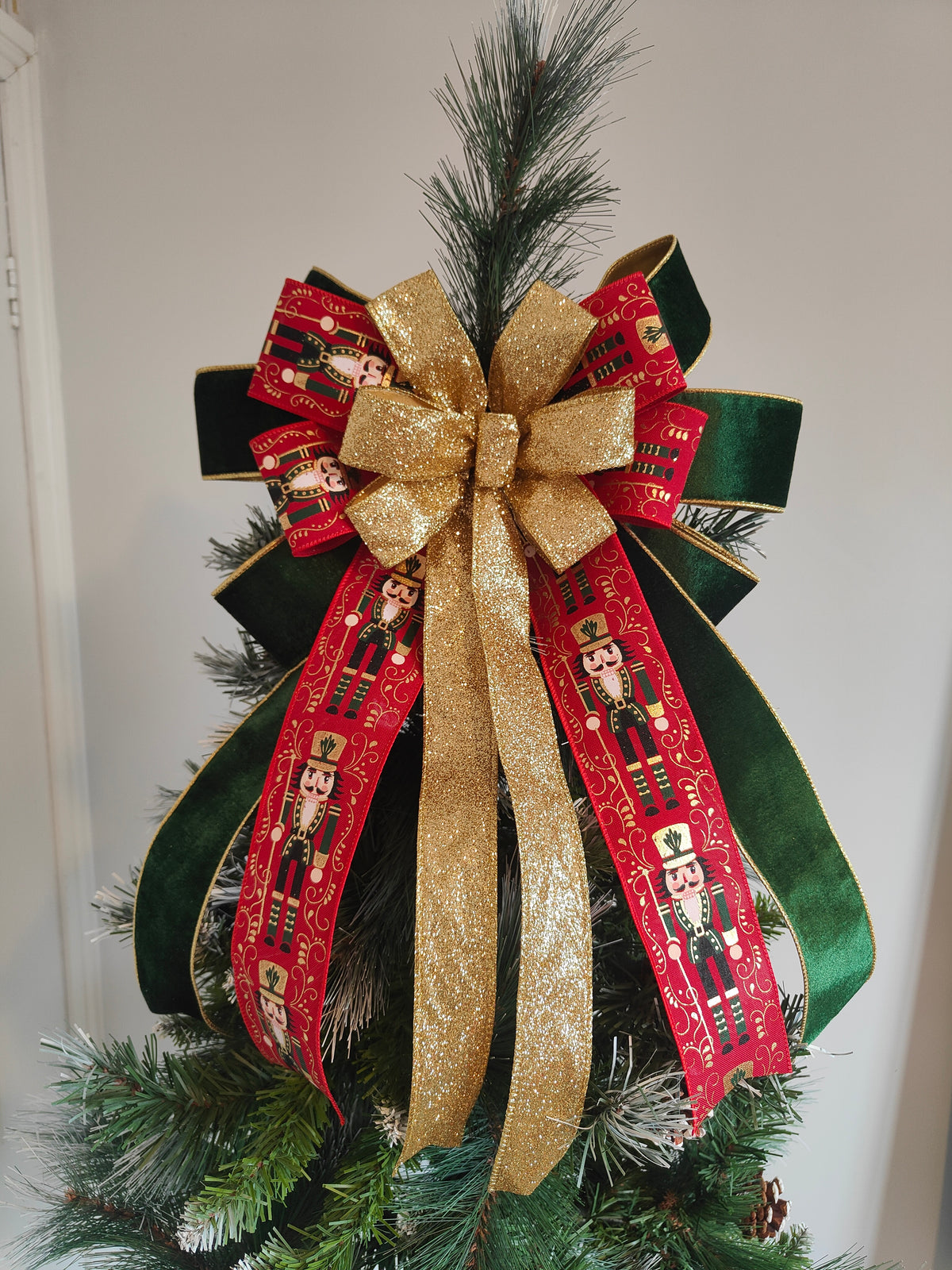 Red, Green & Gold Nutcracker Christmas Tree Topper Bow