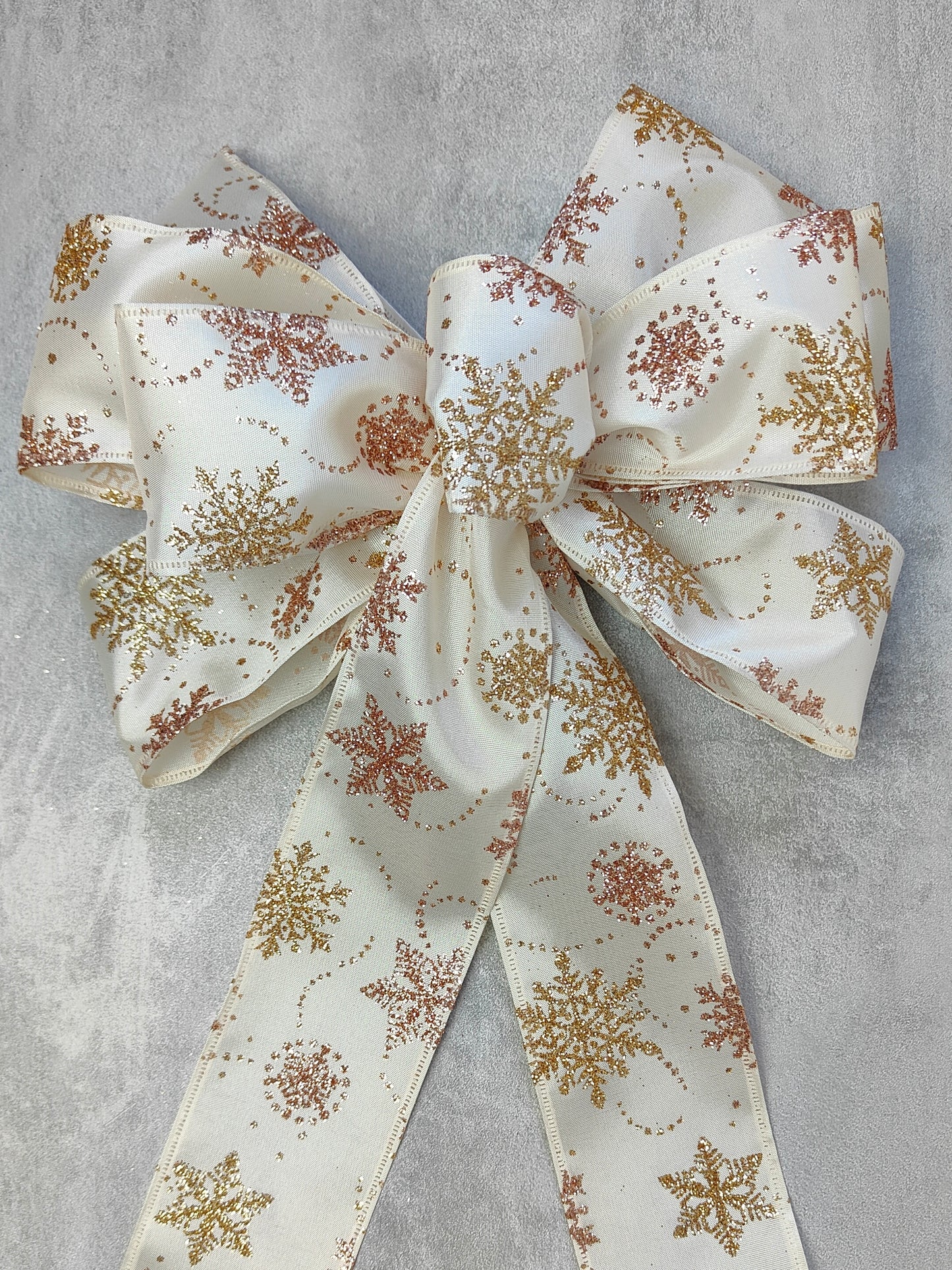 Ivory Champagne Rose Gold Christmas Snowflake Bow 10 inch