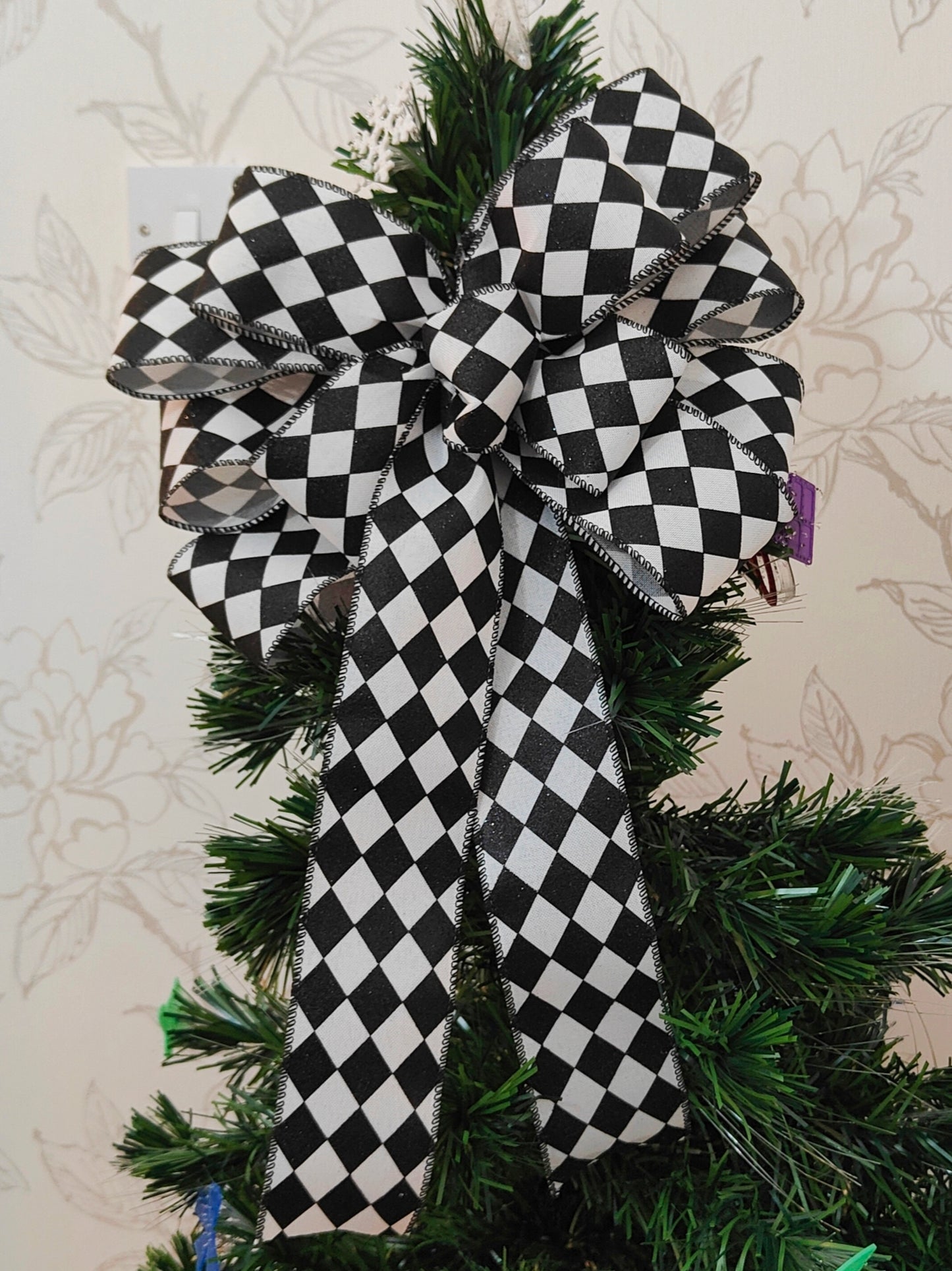 Black White Harlequin Glitter Christmas Bow 12 inch