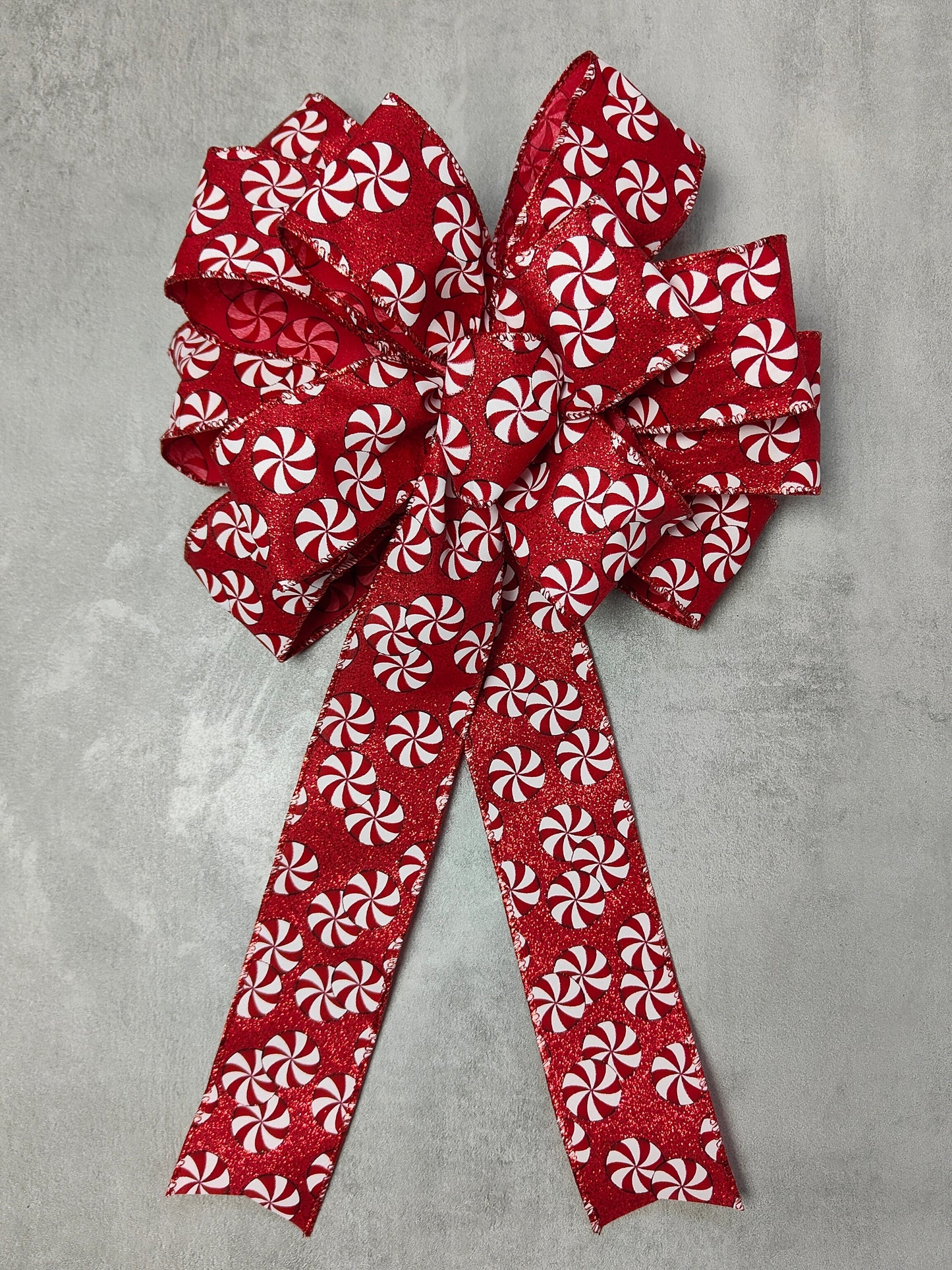 Red White Glitter Candy Cane Bow Peppermint 12 inch