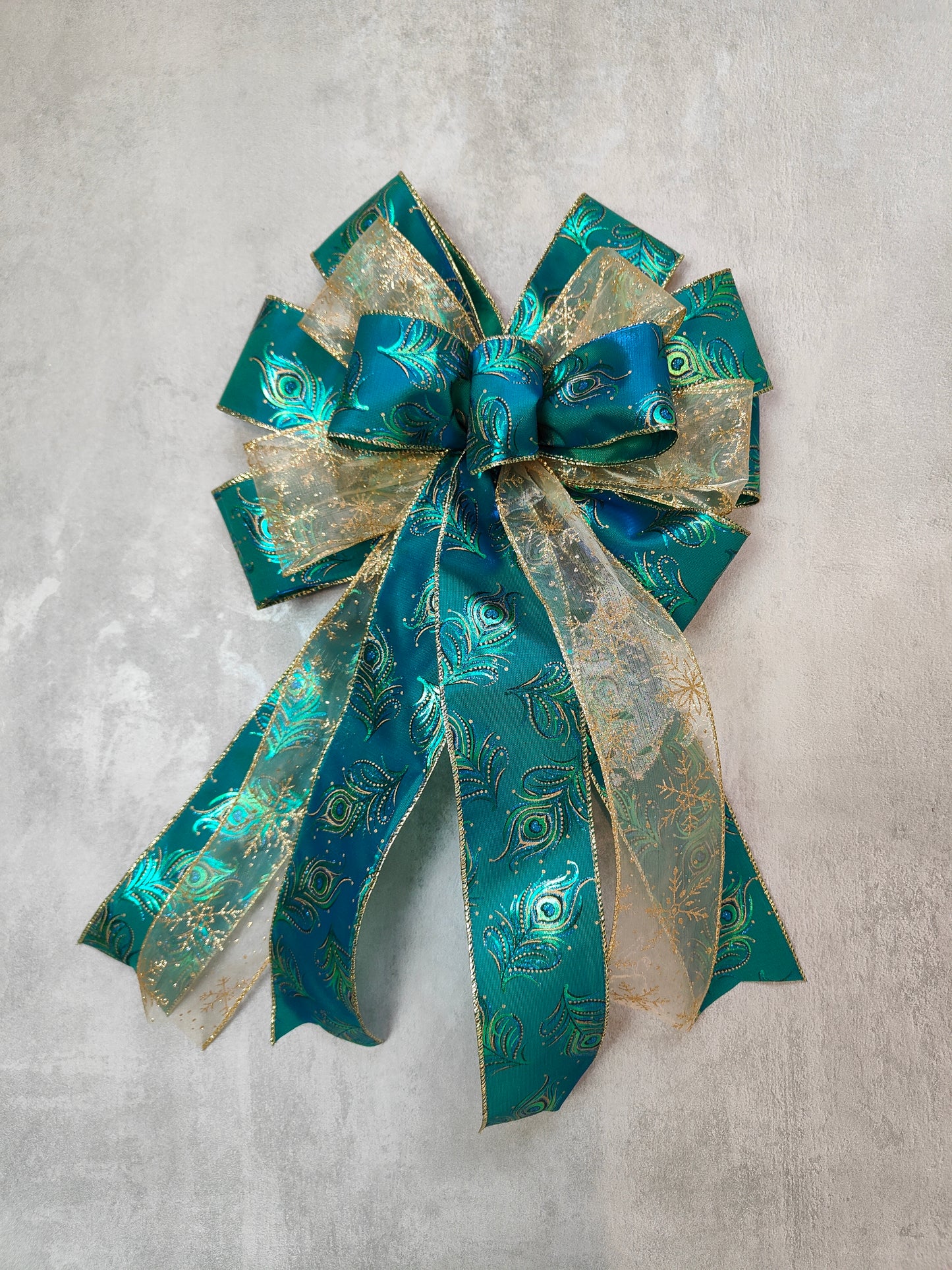 Peacock Gold Snowflake Glitter Christmas Topper Bow 12 inch