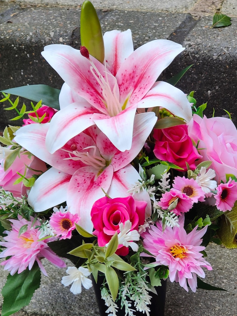 Pink Lilly Artificial Flower Memorial Grave Pot
