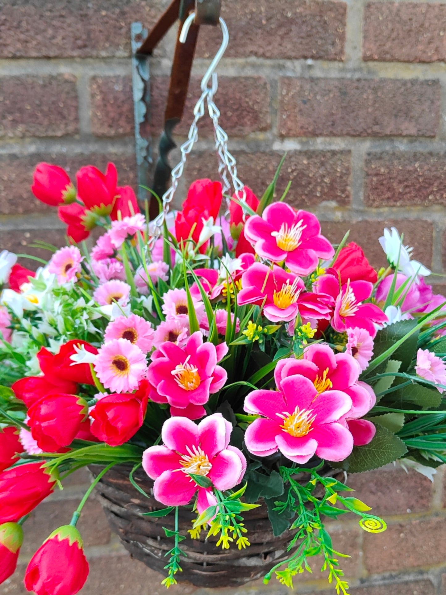 Pink red flower hanging basket faux flowers
