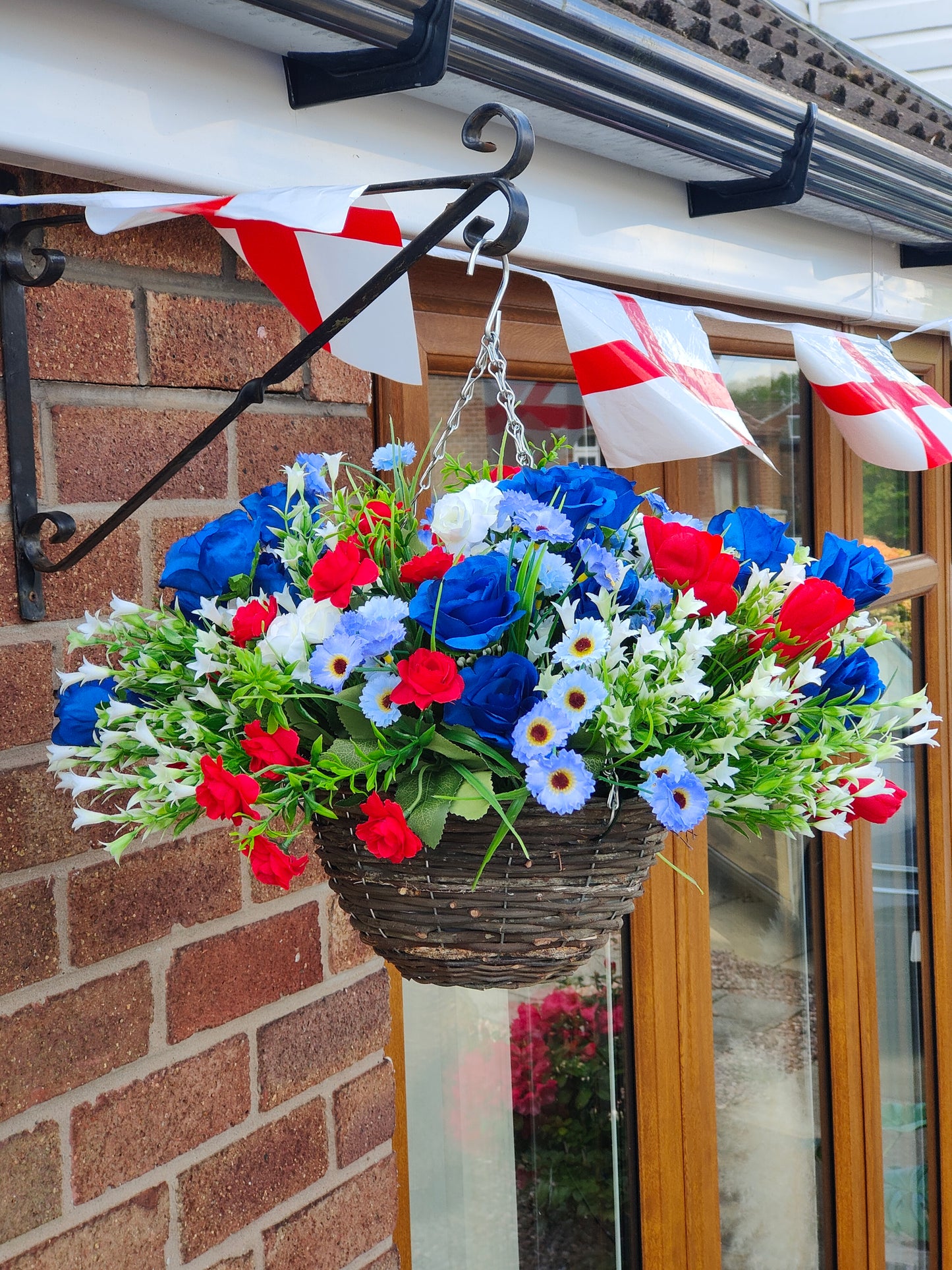 Red white blue artificial flower hanging basket St George's day garden patriotic 10 inch