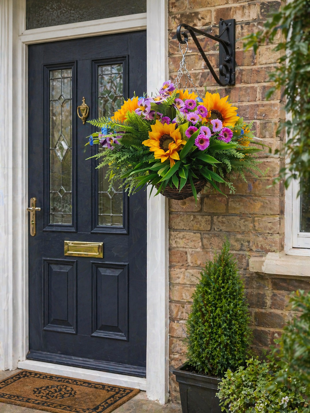 Sunflower Pansey Artificial Flower Hanging Basket 10 inch