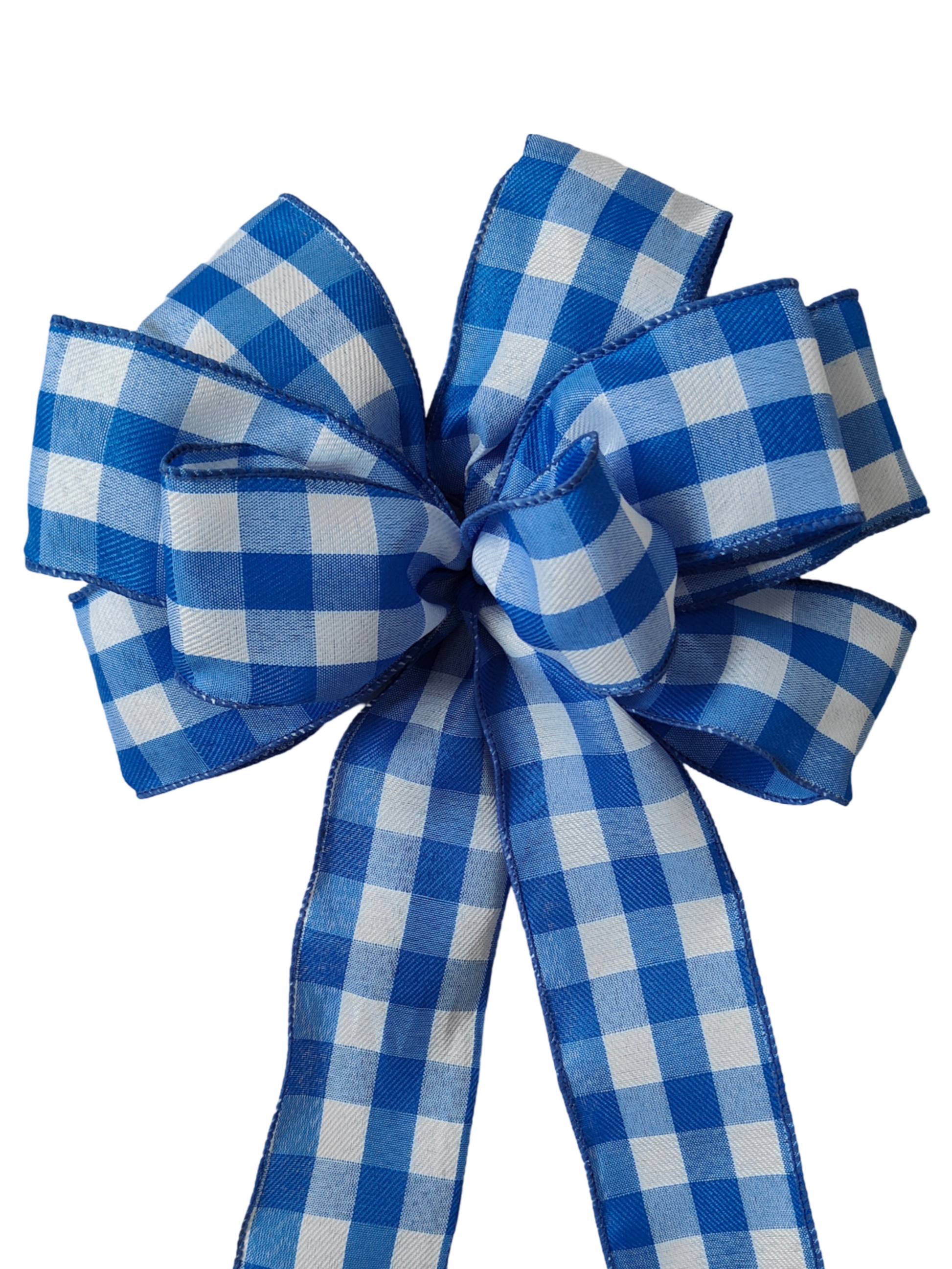 Blue white gingham check wreath bow