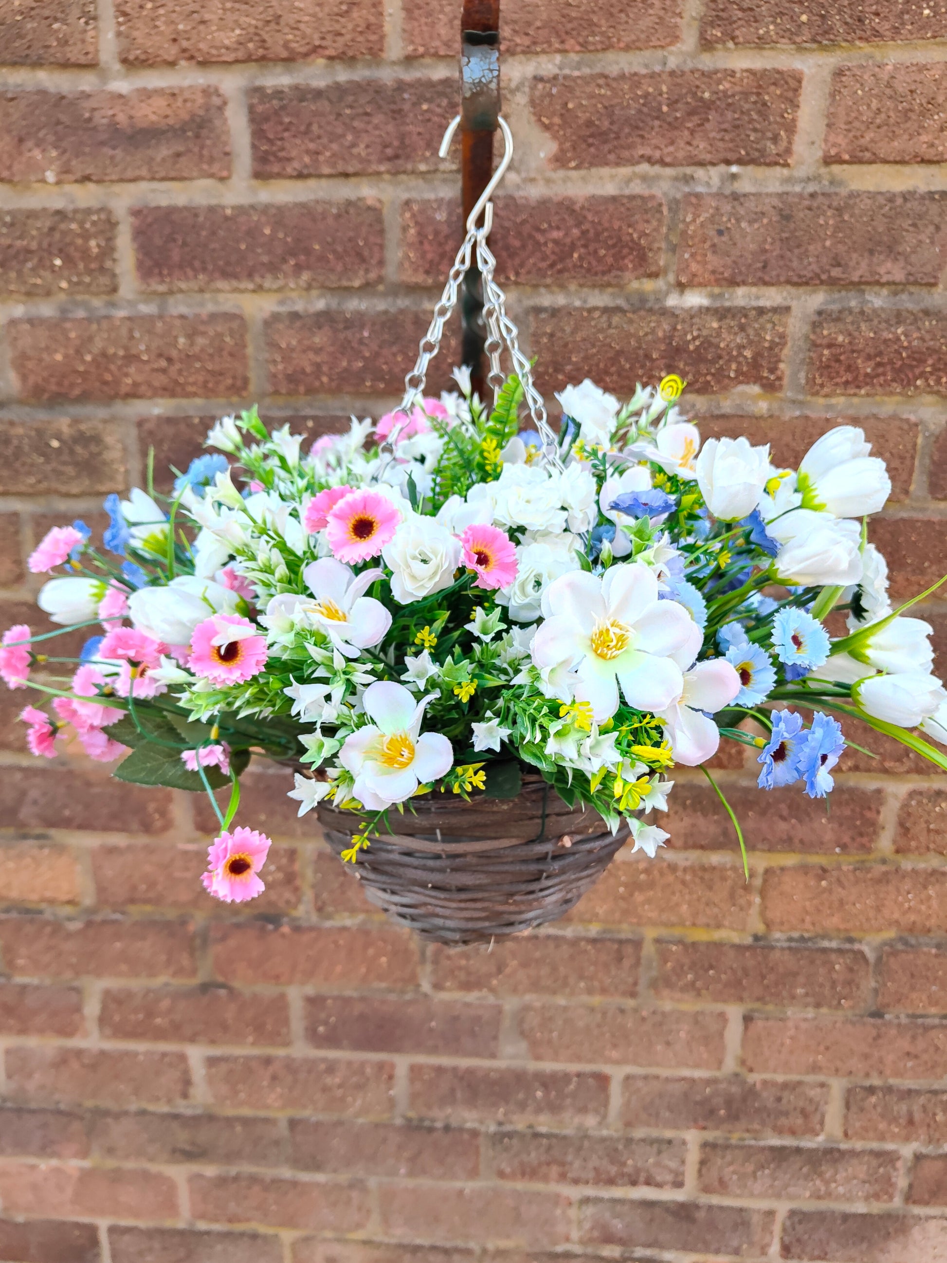 White blue pink hanging basket artificial flowers