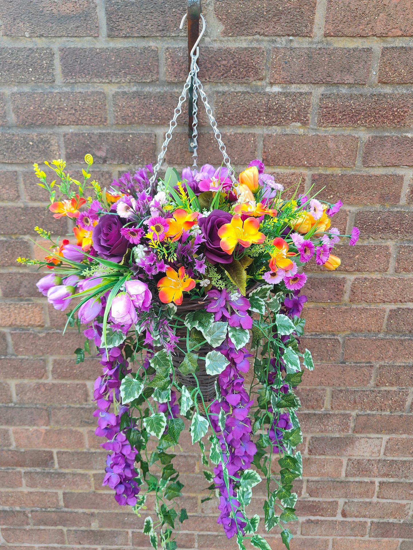 Purple orange artificial hanging basket faux flowers for outdoor 