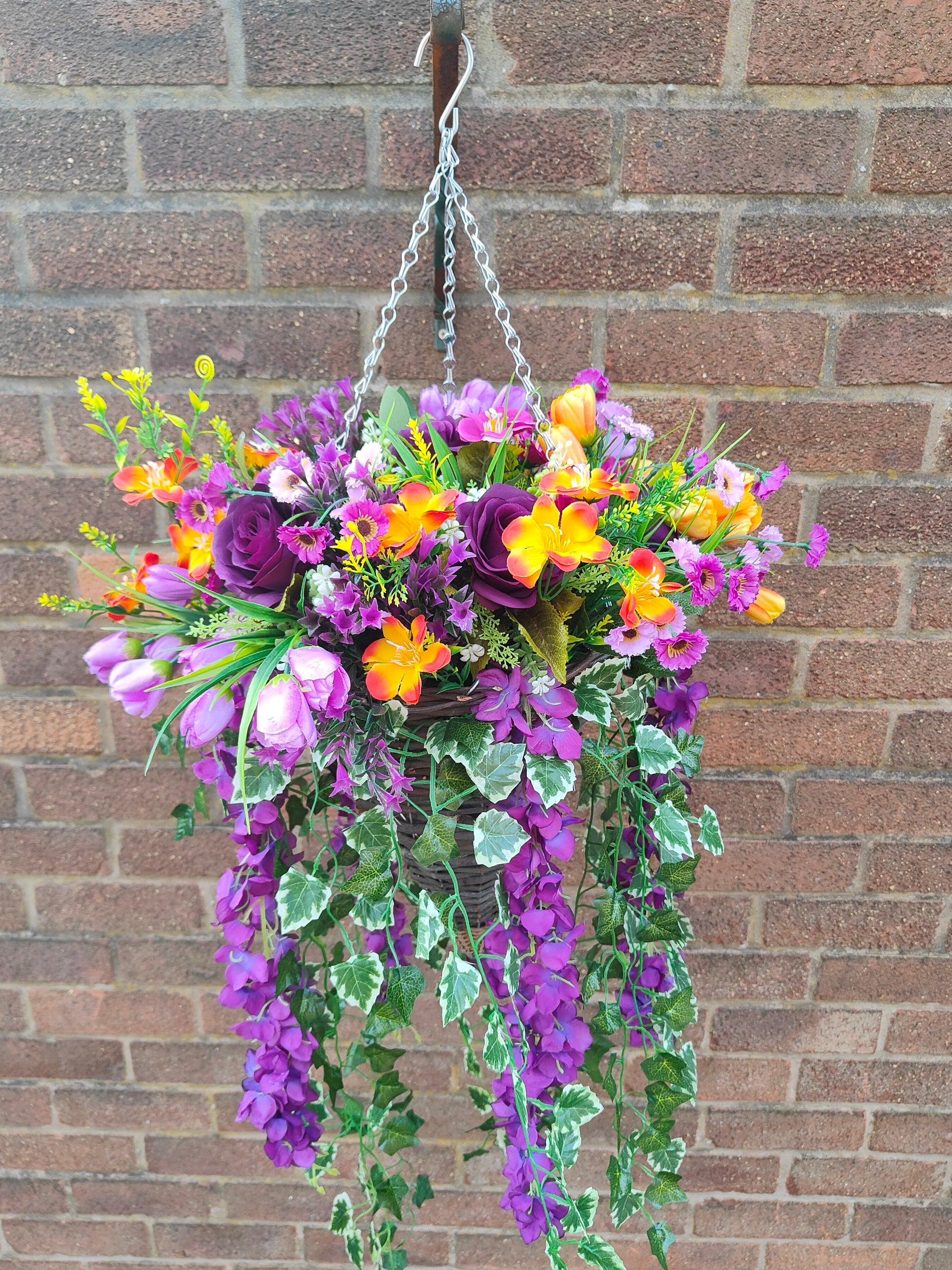 Purple orange artificial hanging basket faux flowers for outdoor 