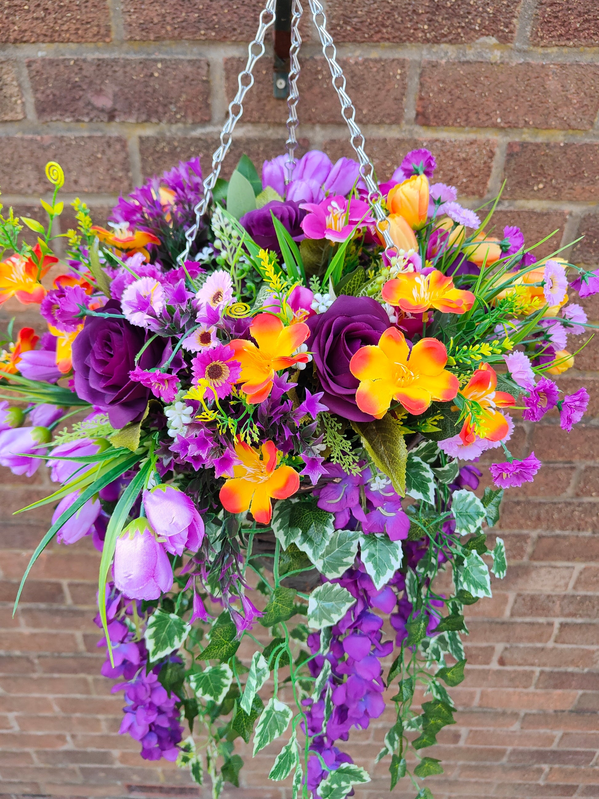 Purple orange artificial flower hanging basket 