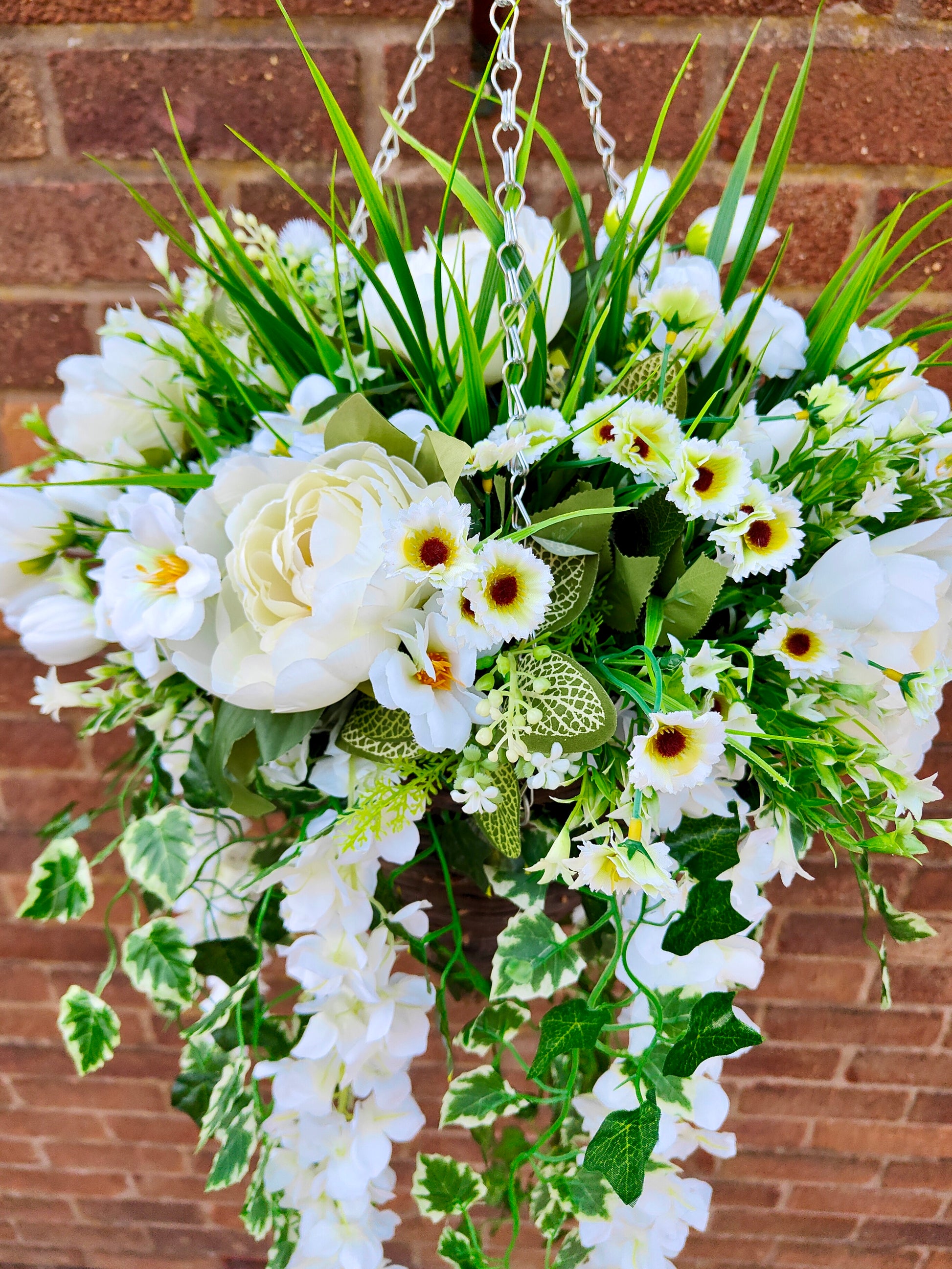 Artifcal flower hanging basket white