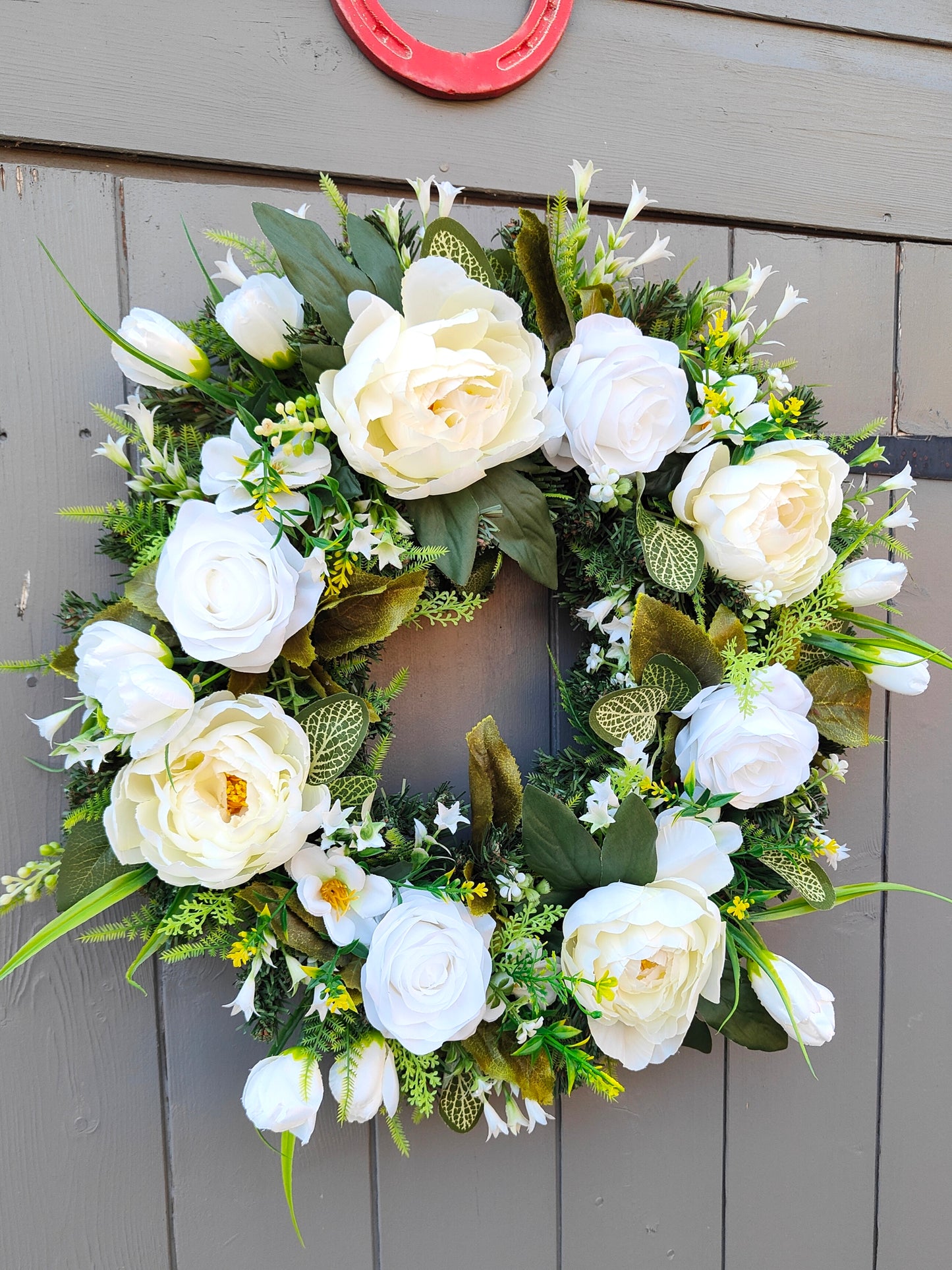 White flower wreath all season farmhouse front door Roses Peonies 