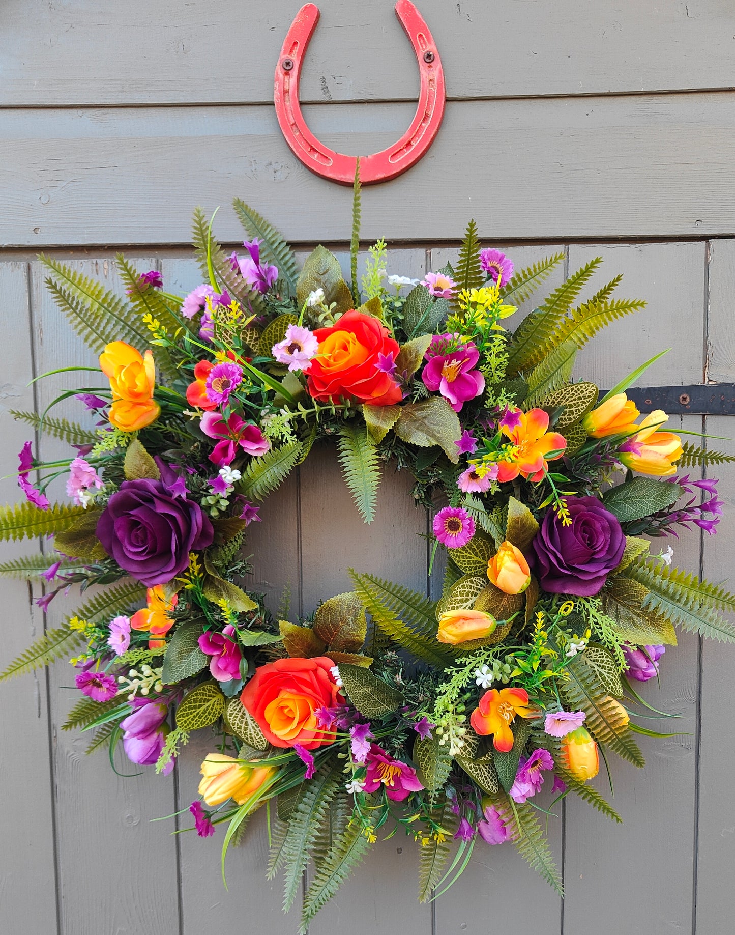 Purple orange flower wreath front door spring summer 