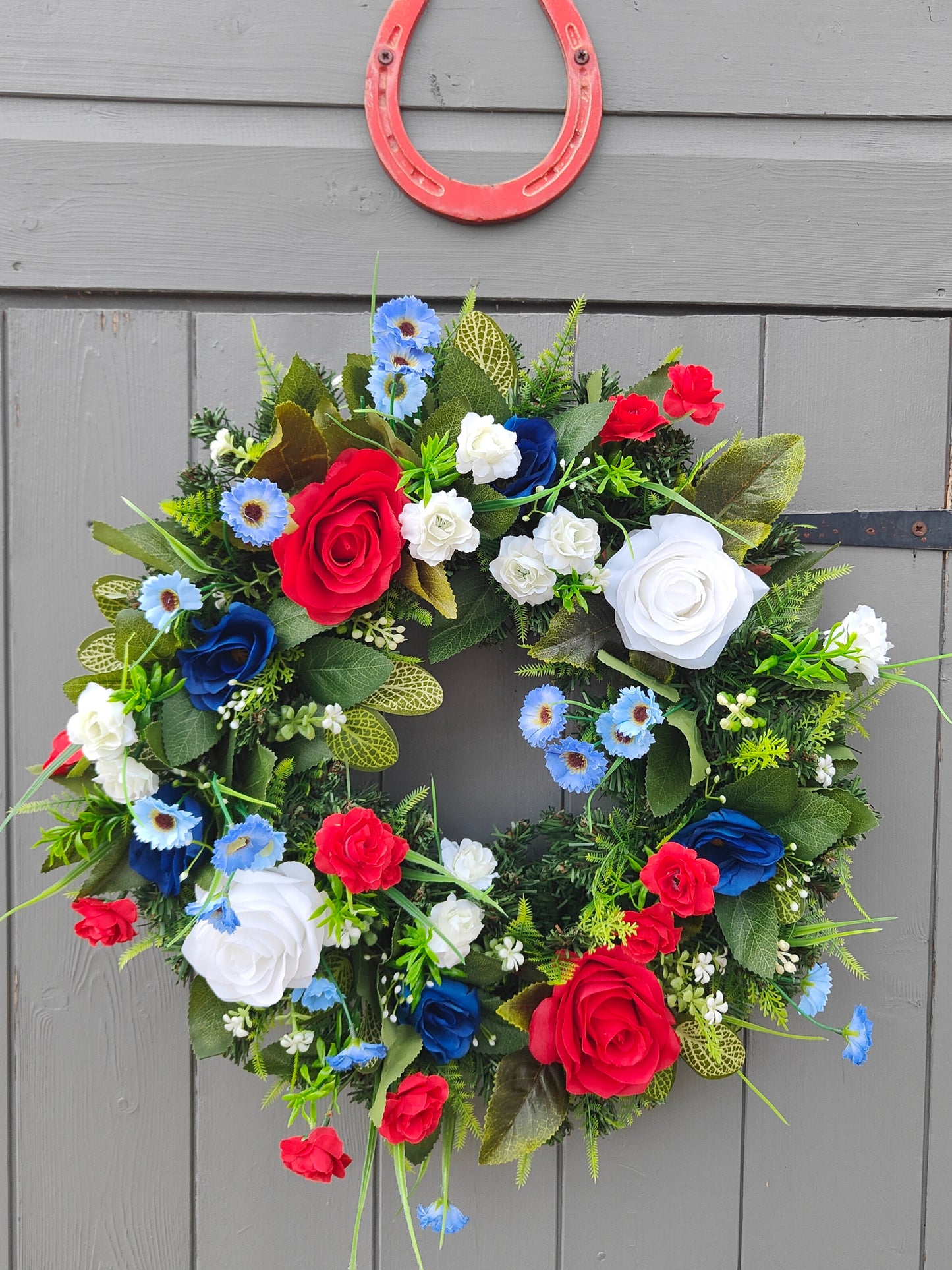 red white blue wreath

patriotic artificial wreath